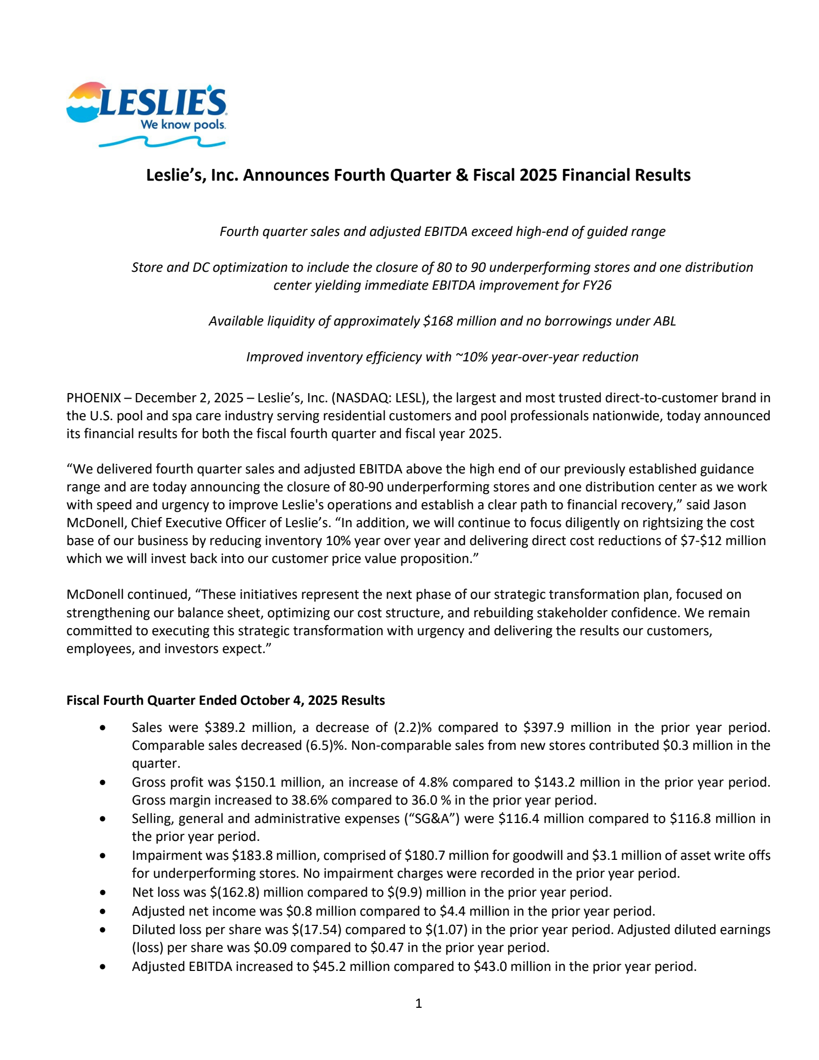 Leslie's' Q4 2025 Earnings Release