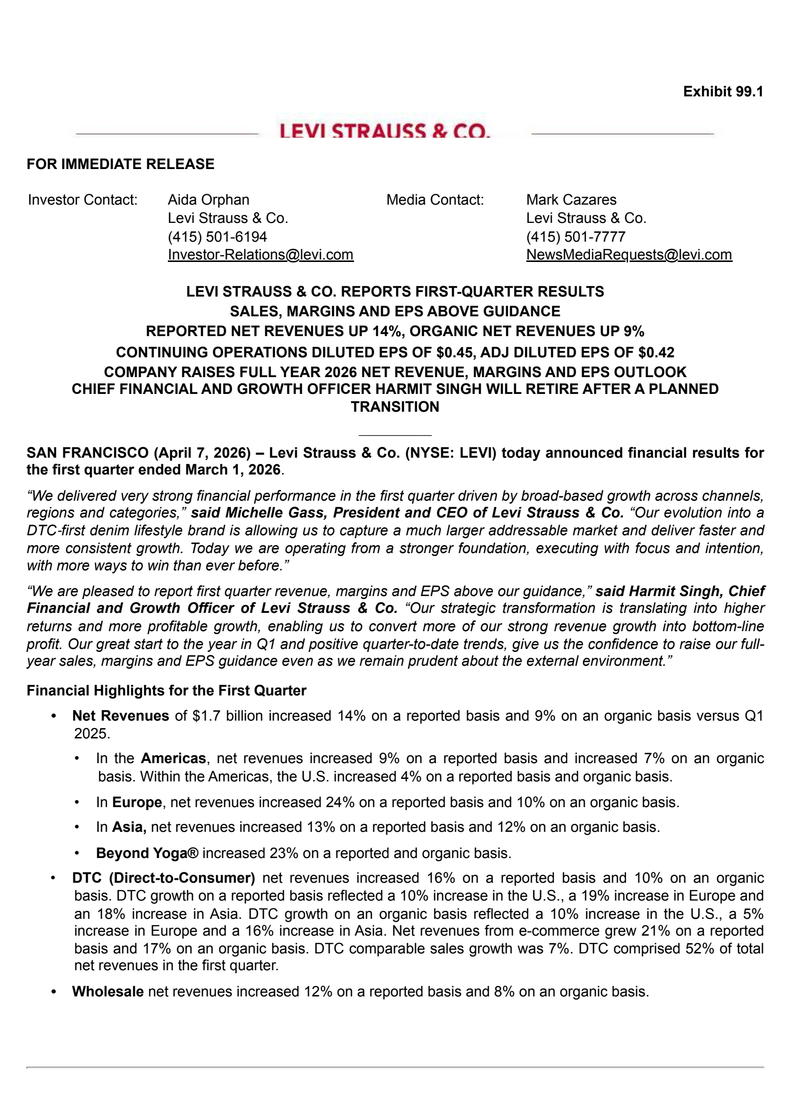 Levi Strauss & Co.'s Q1 2026 Press Release