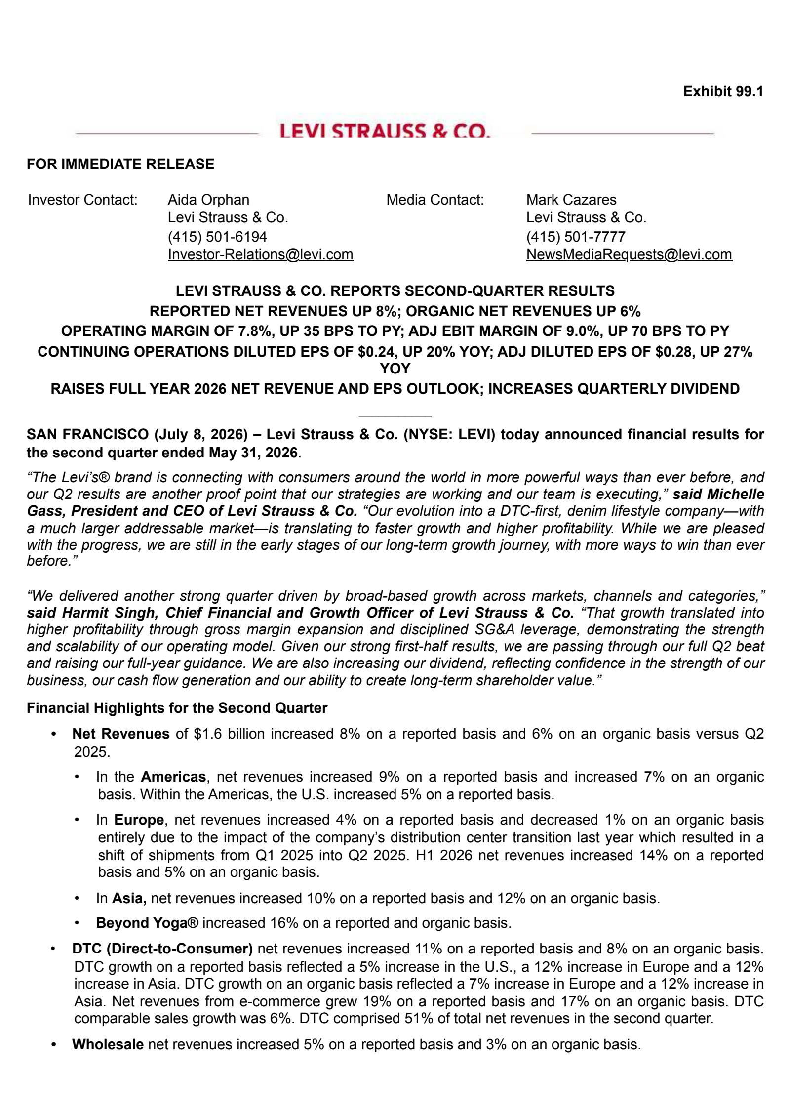 Levi Strauss & Co.'s Q2 2026 Press Release
