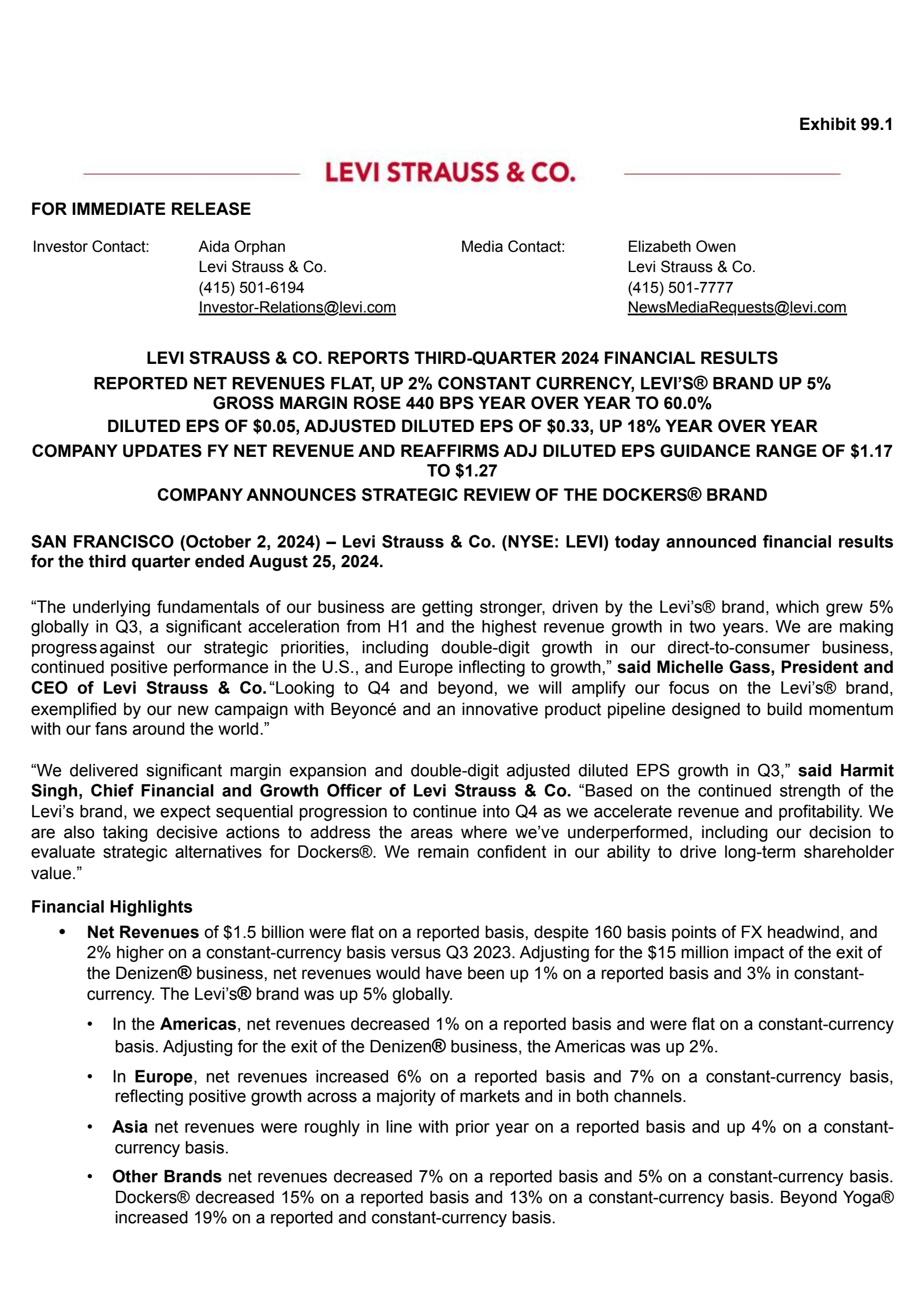 Levi Strauss & Co.'s Q3 2024 Press Release