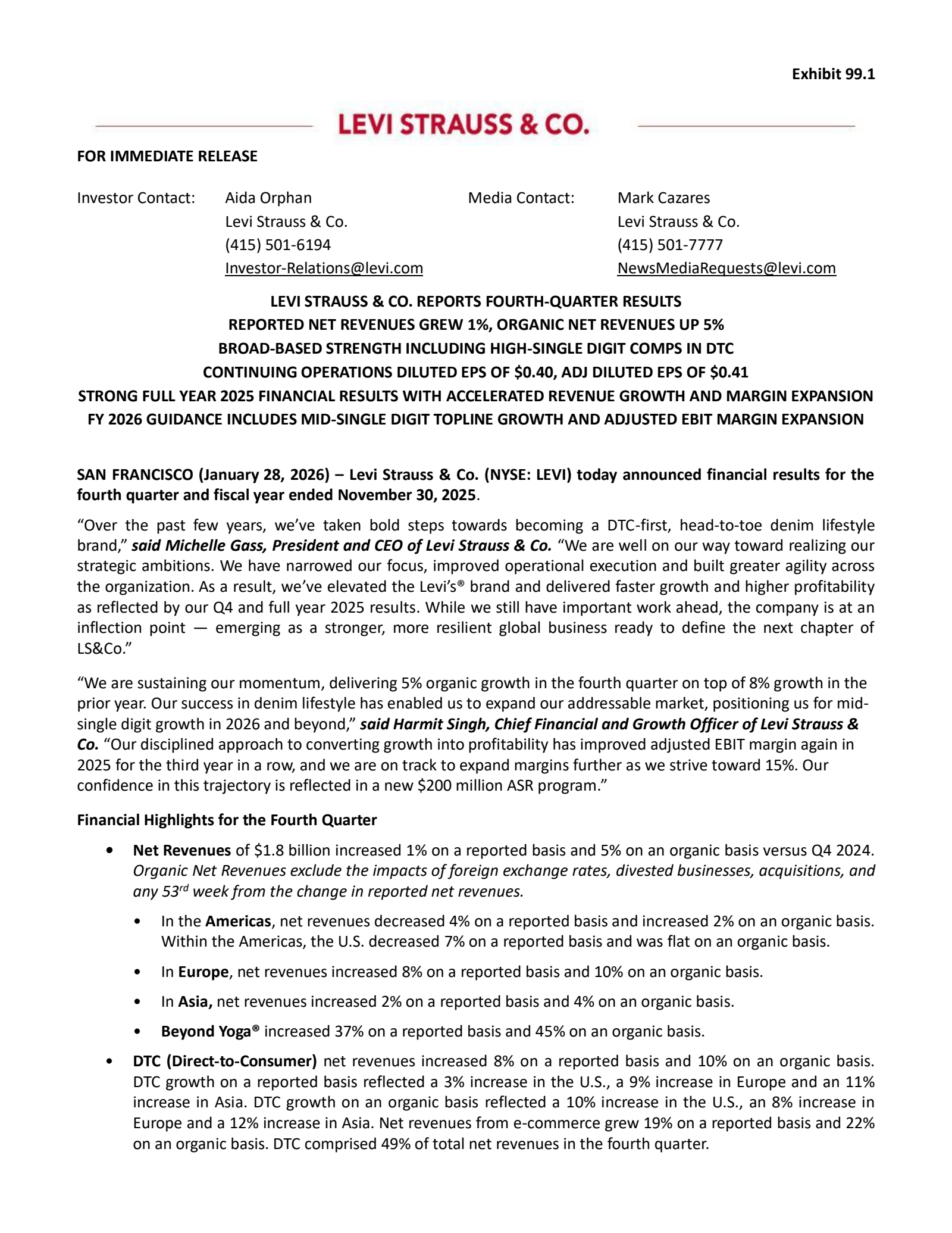 Levi Strauss & Co.'s Q4 2025 Press Release