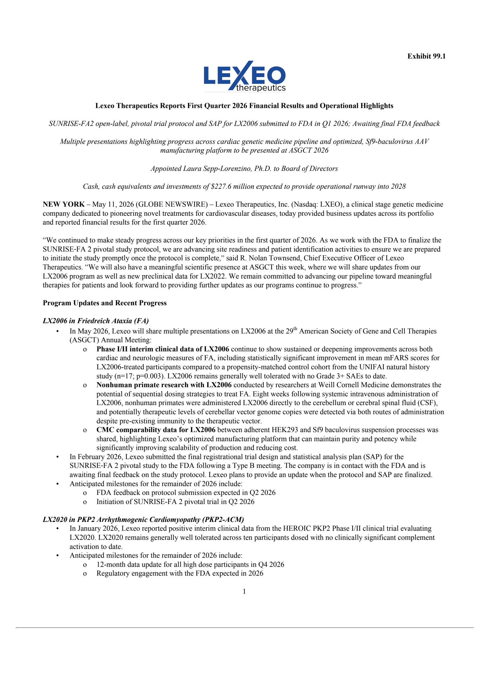 Lexeo Therapeutics' Q1 2026 Press Release