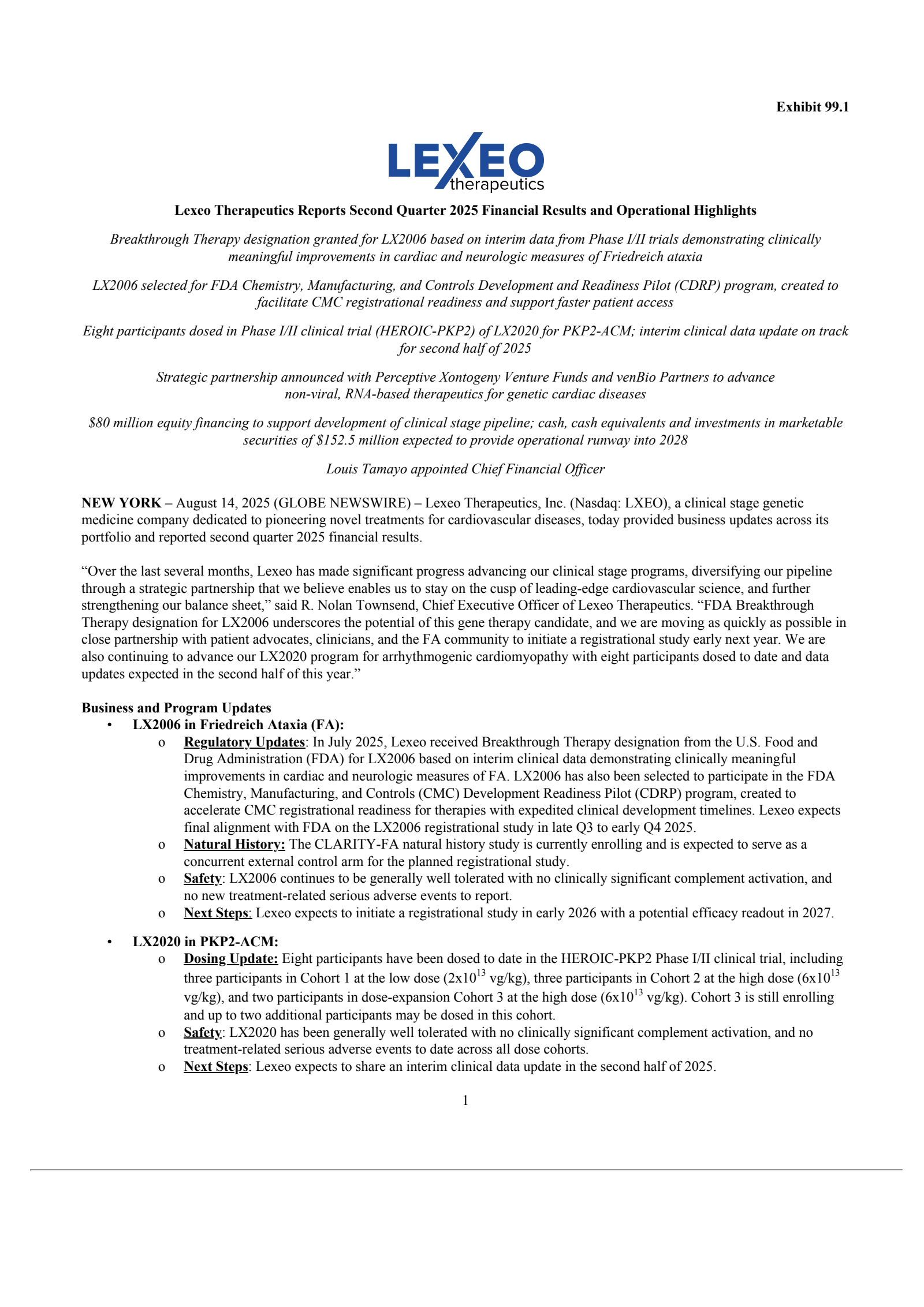 Lexeo Therapeutics' Q2 2025 Press Release