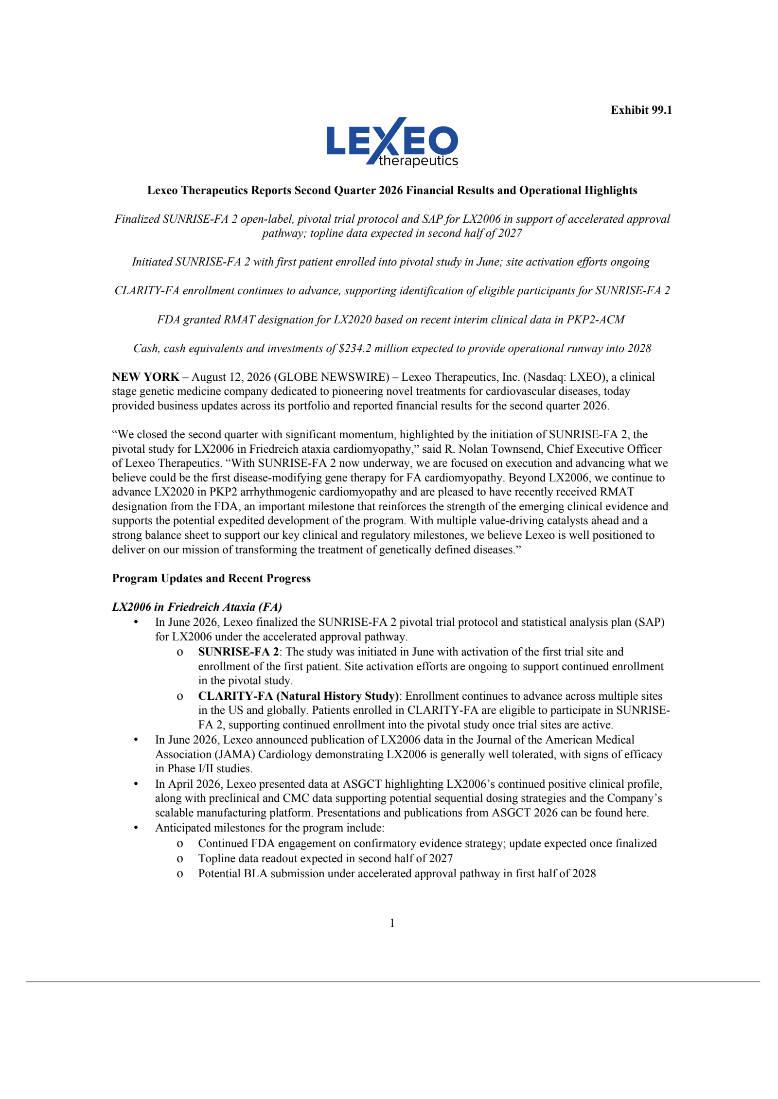 Lexeo Therapeutics' Q2 2026 Press Release