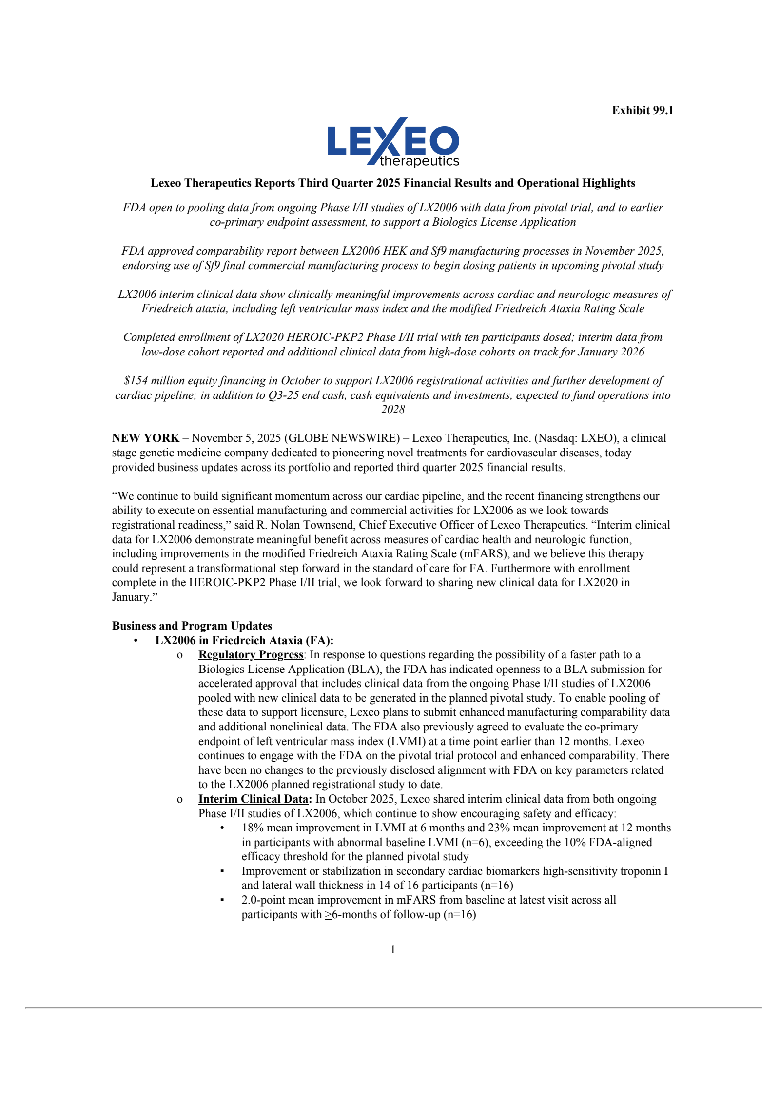 Lexeo Therapeutics' Q3 2025 Earnings Release
