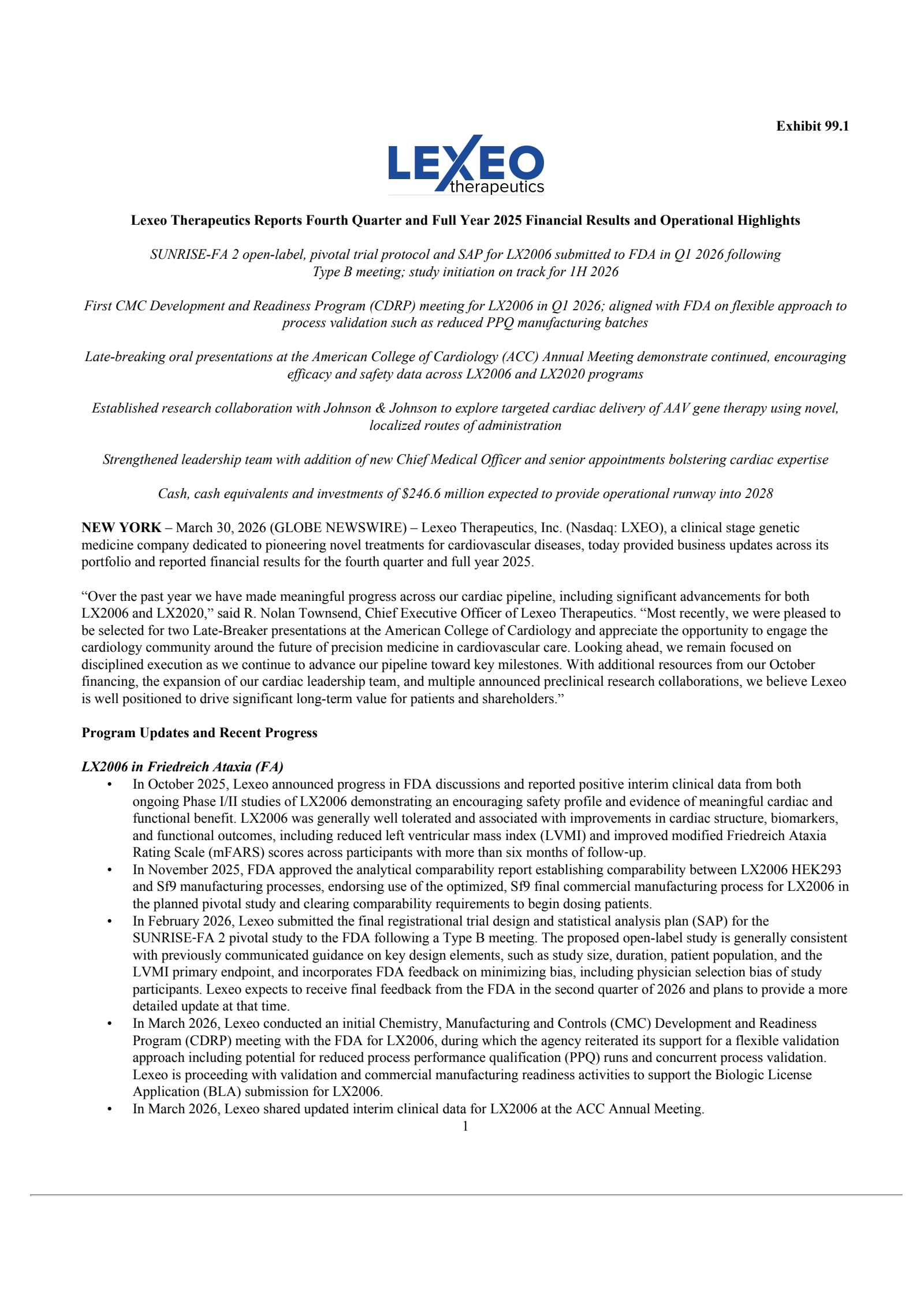 Lexeo Therapeutics' Q4 2025 Press Release