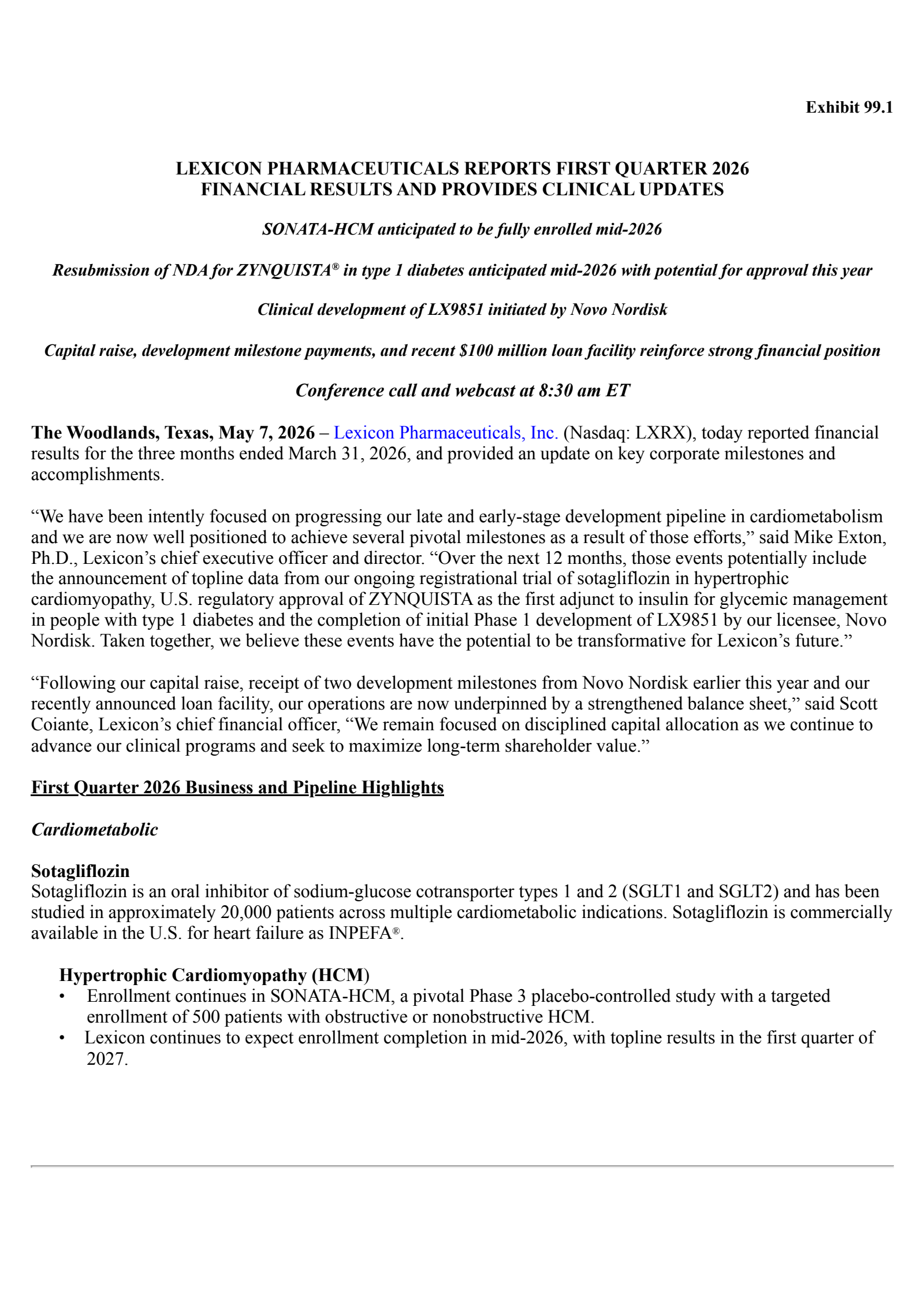 Lexicon Pharmaceuticals' Q1 2026 Press Release