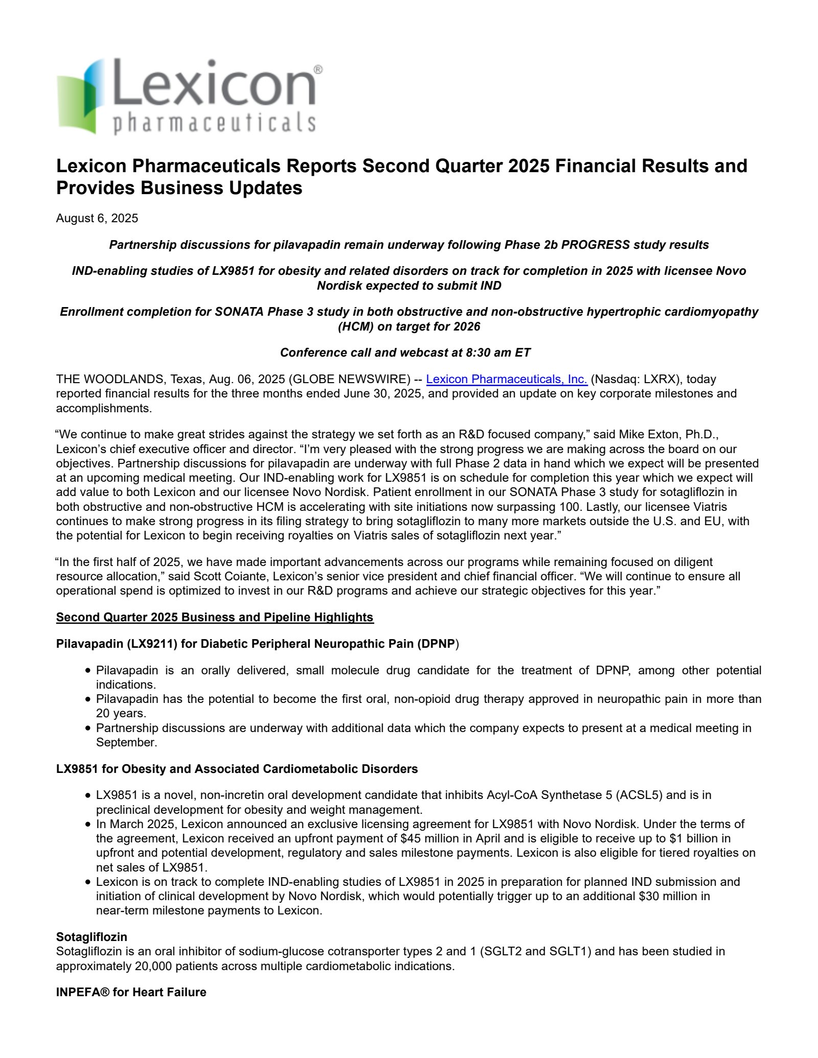 Lexicon Pharmaceuticals' Q2 2025 Press Release