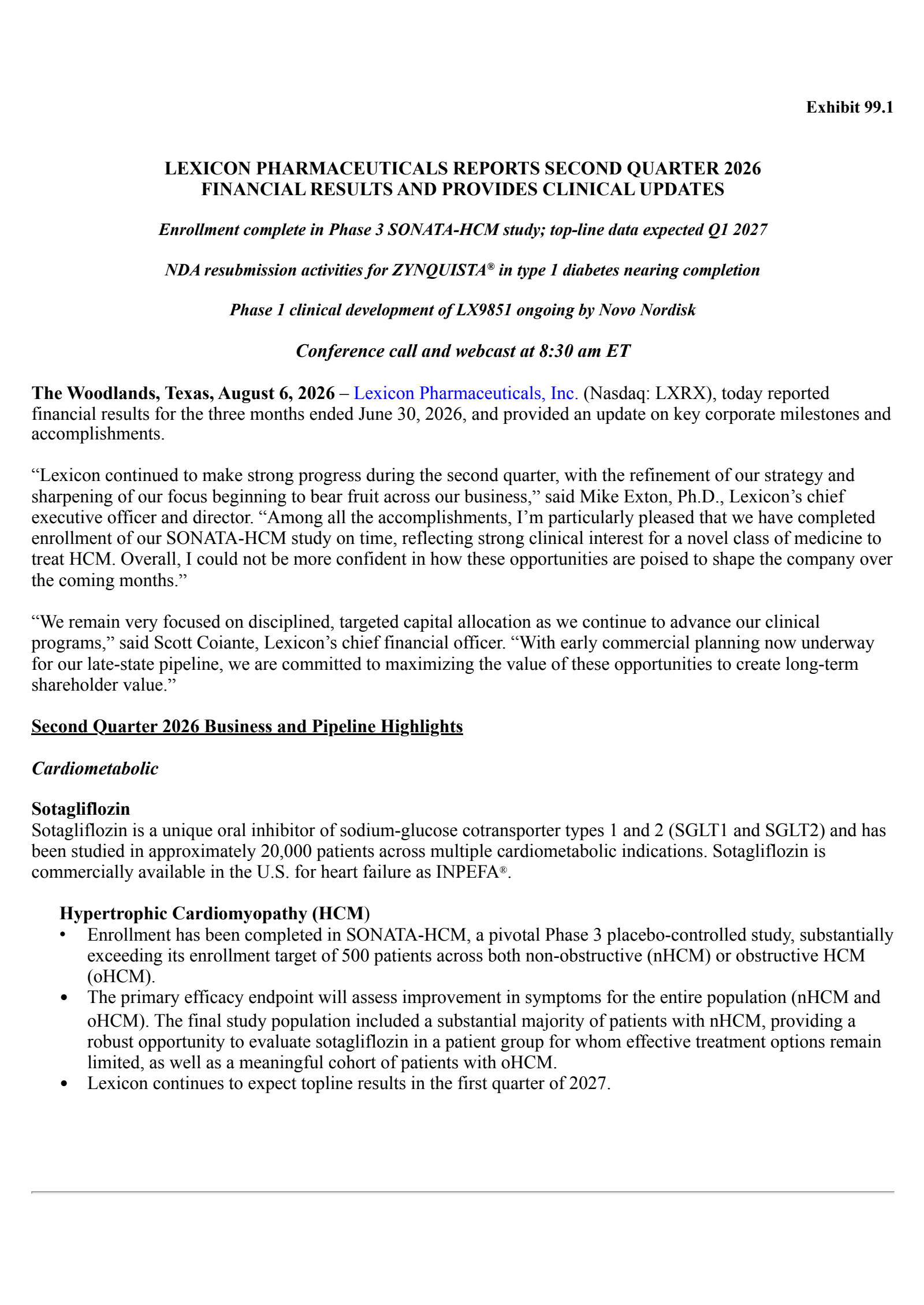 Lexicon Pharmaceuticals' Q2 2026 Press Release