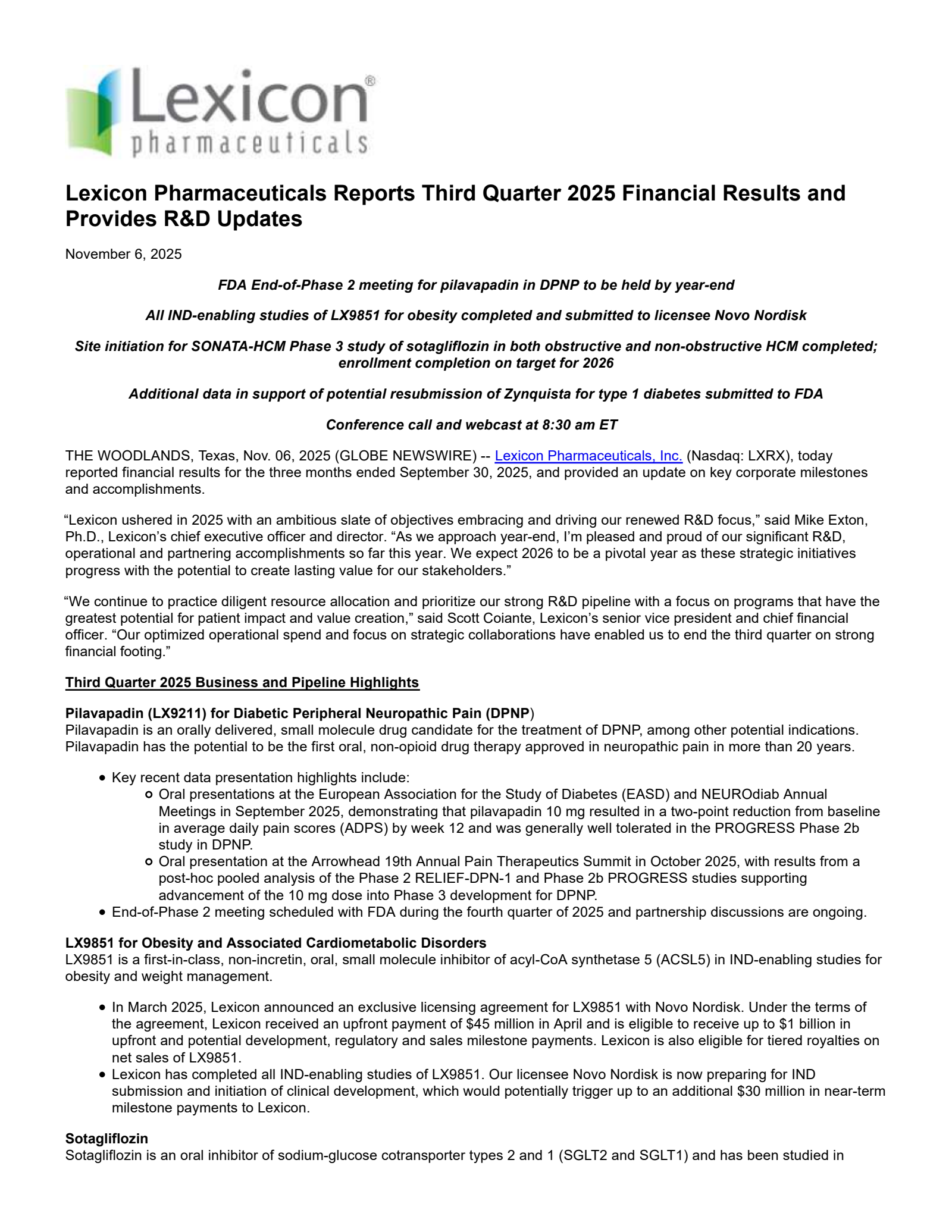 Lexicon Pharmaceuticals' Q3 2025 Earnings Release