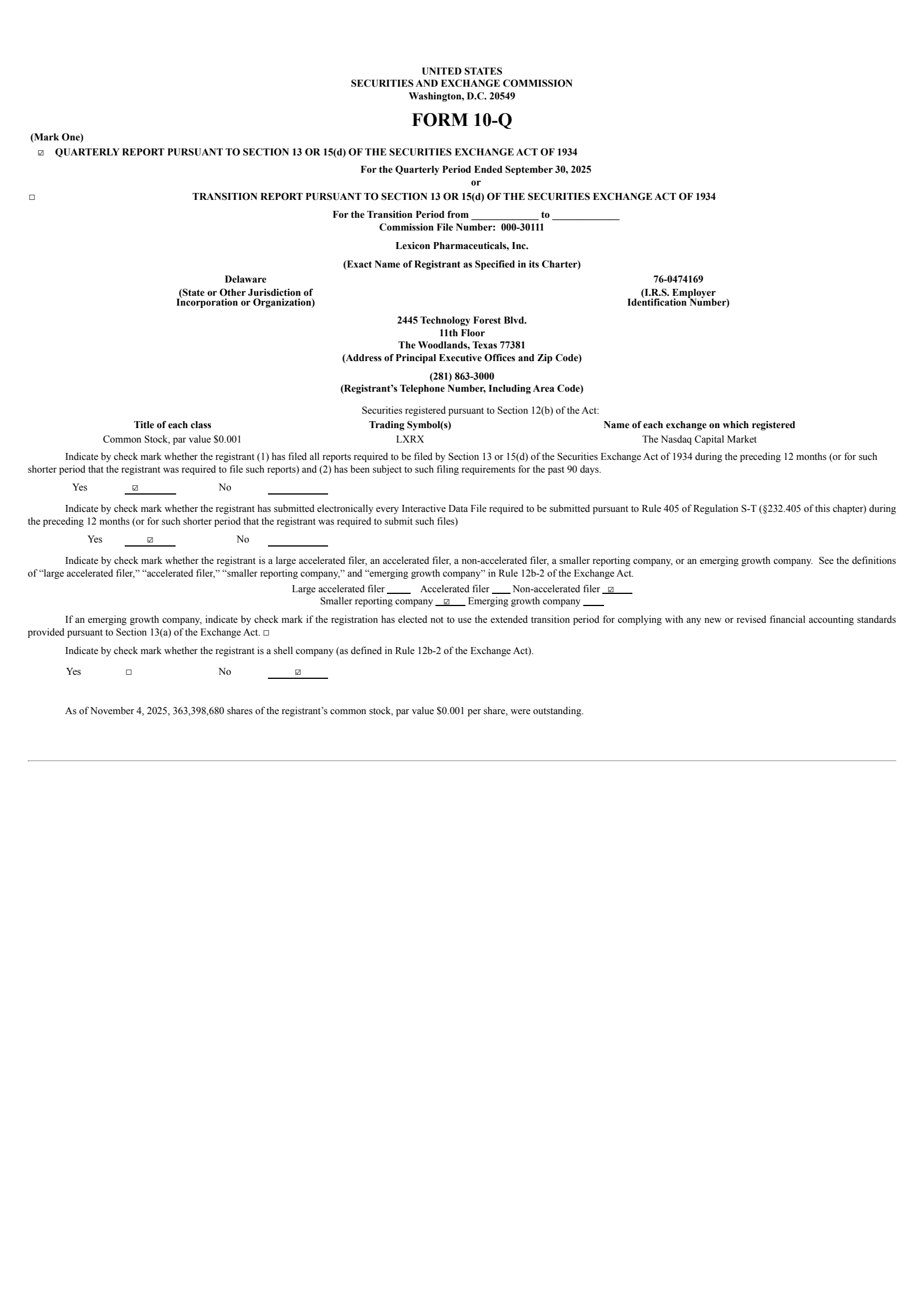Lexicon Pharmaceuticals' Q3 2025 Quarterly Report