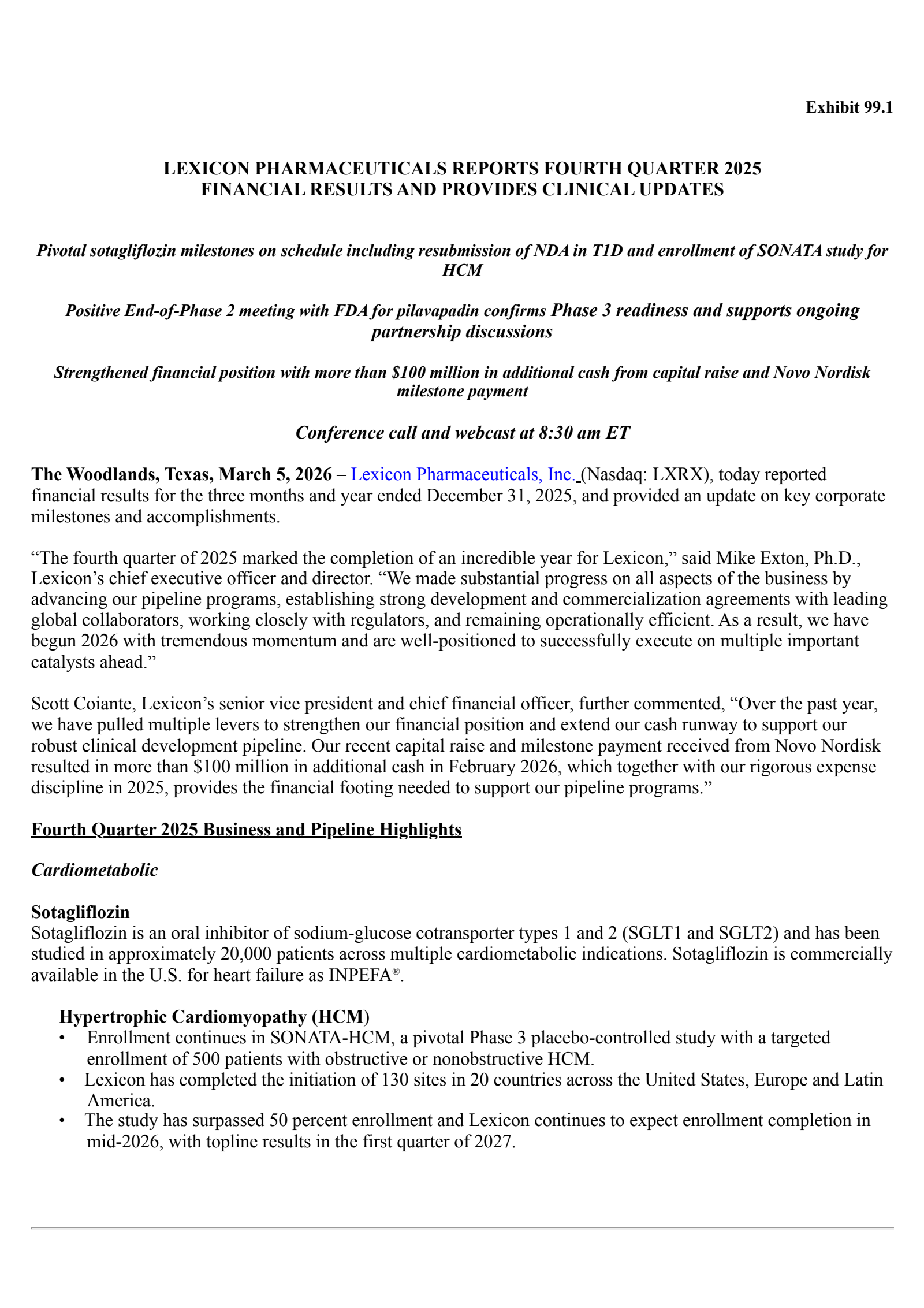 Lexicon Pharmaceuticals' Q4 2025 Press Release