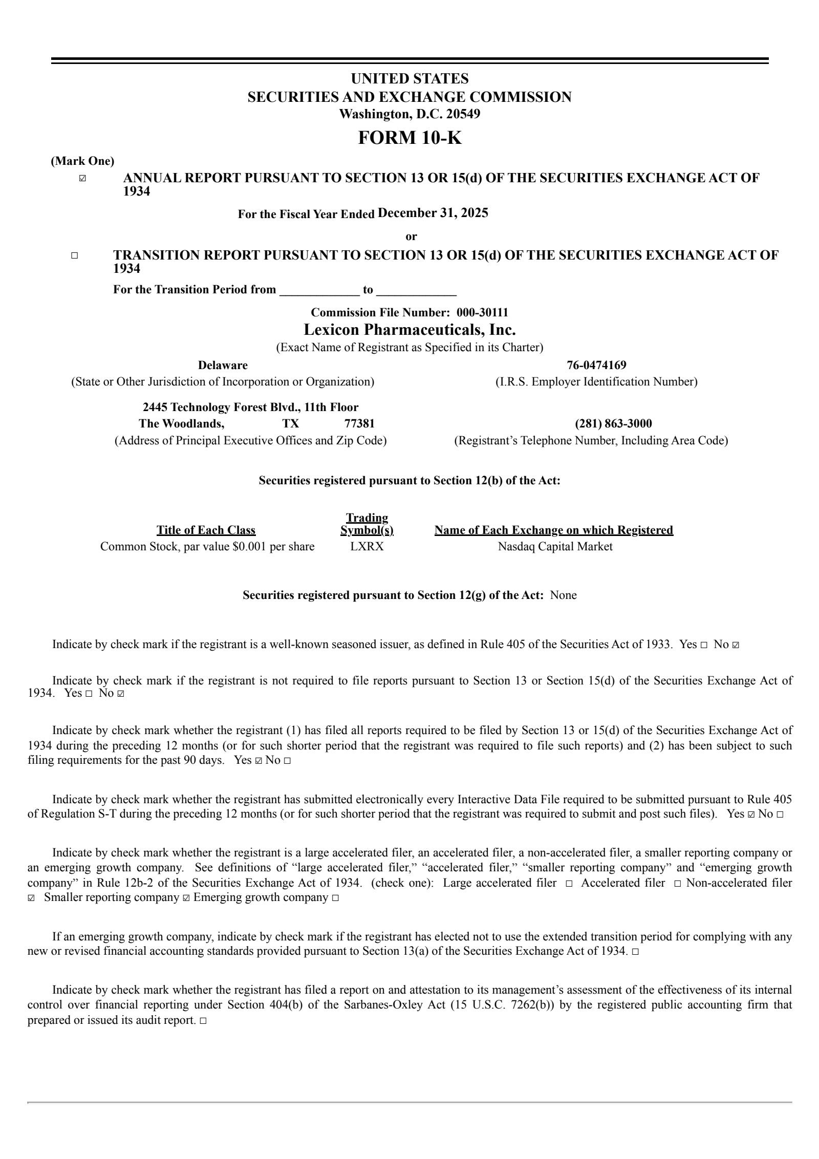 Lexicon Pharmaceuticals' Q4 2025 Annual report