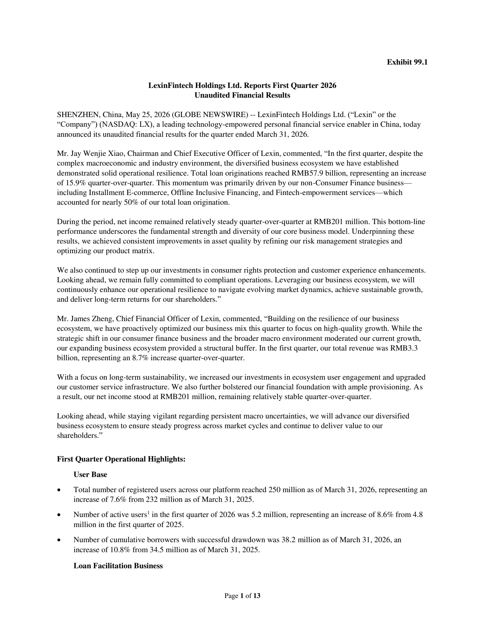 LexinFintech's Q1 2026 Press Release