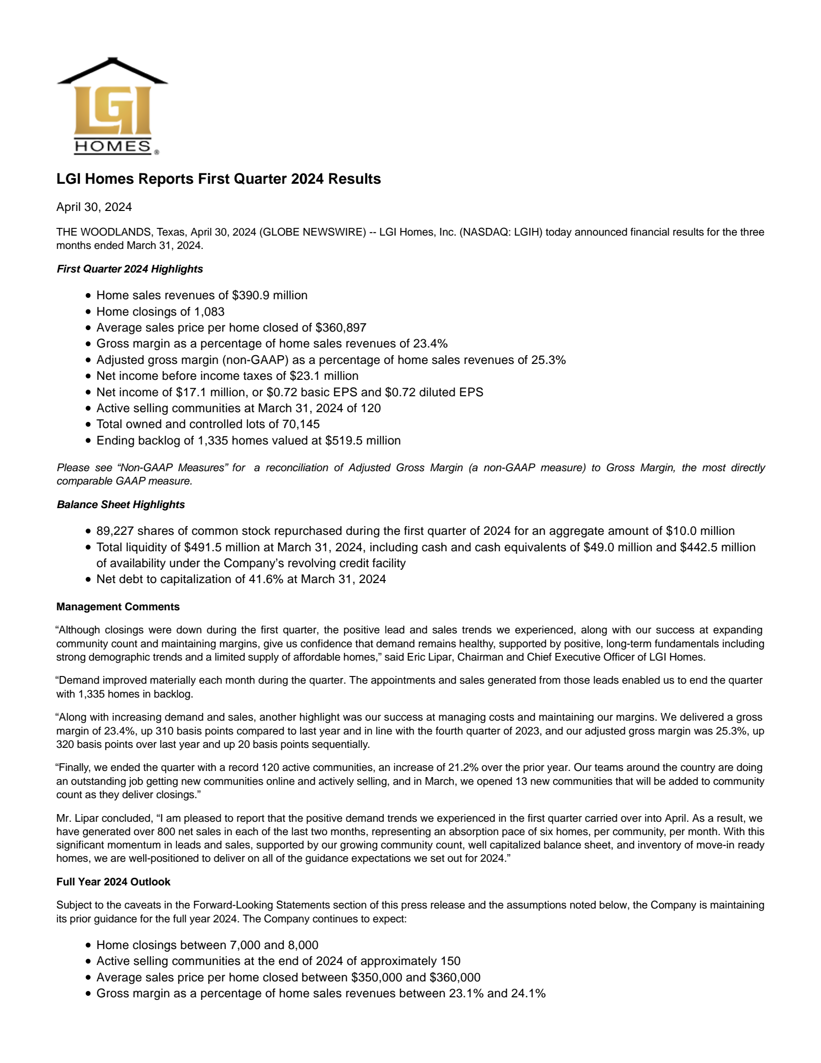 LGI Homes' Q1 2024 Press Release