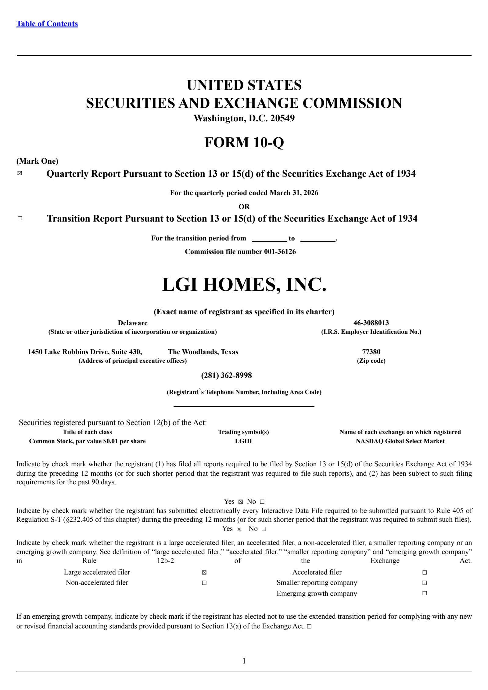 LGI Homes' Q1 2026 Quarterly report