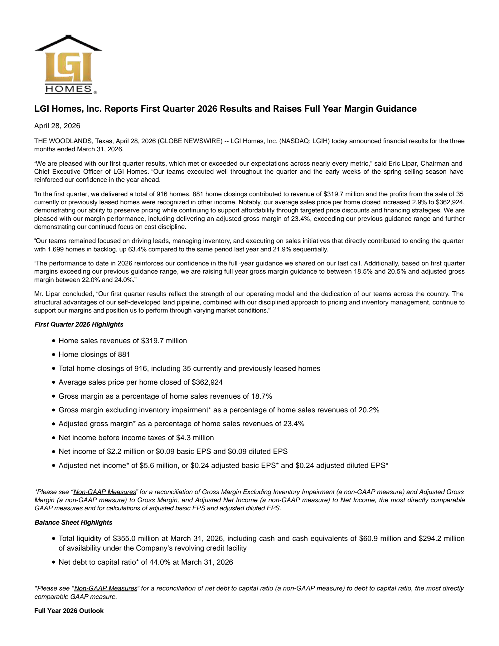 LGI Homes' Q1 2026 Press Release