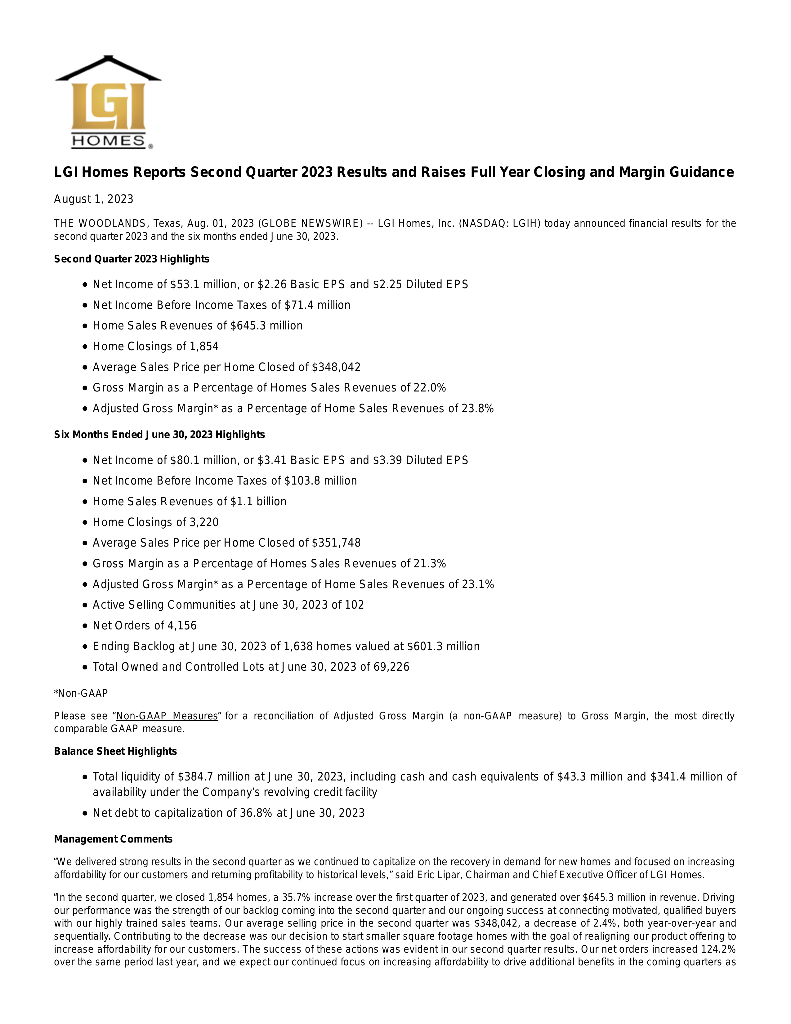 LGI Homes' Q2 2023 Press Release