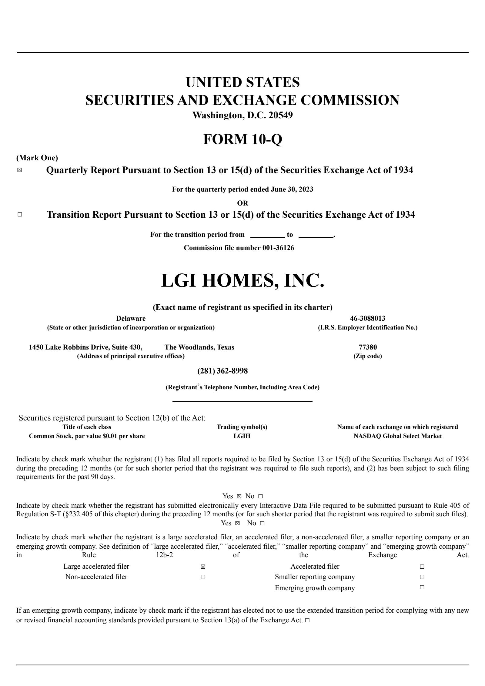 LGI Homes' Q2 2023 Quarterly report