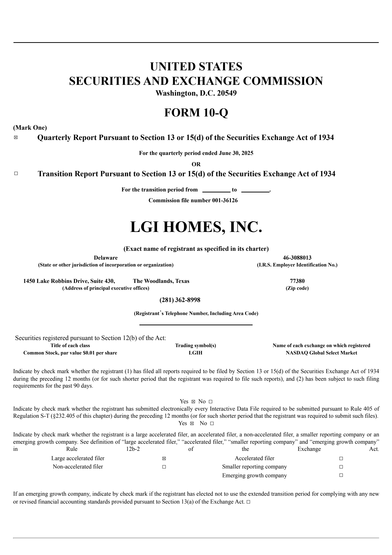 LGI Homes' Q2 2025 Quarterly report