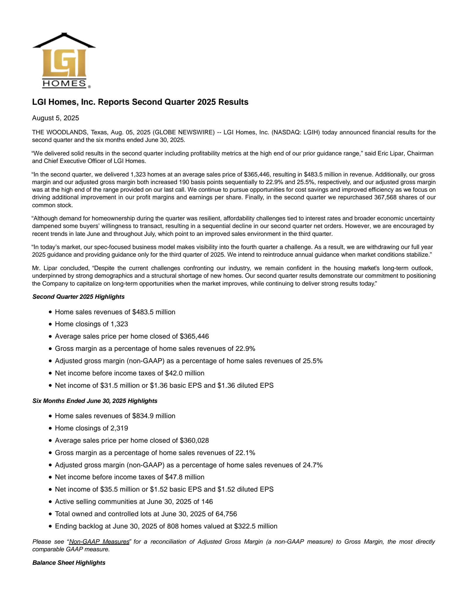 LGI Homes' Q2 2025 Press Release