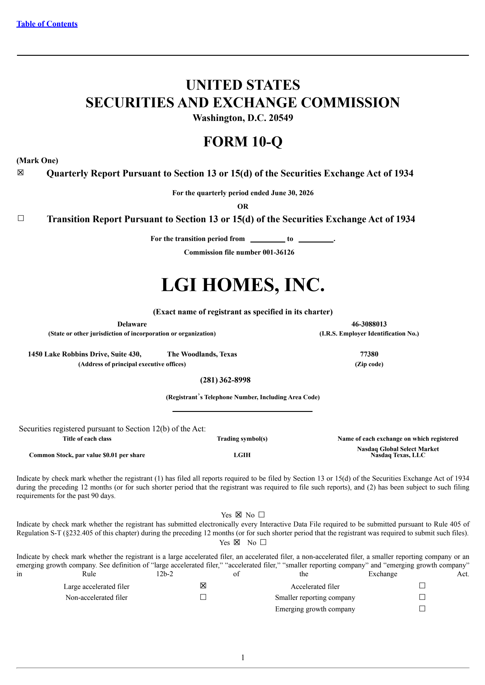 LGI Homes' Q2 2026 Quarterly report
