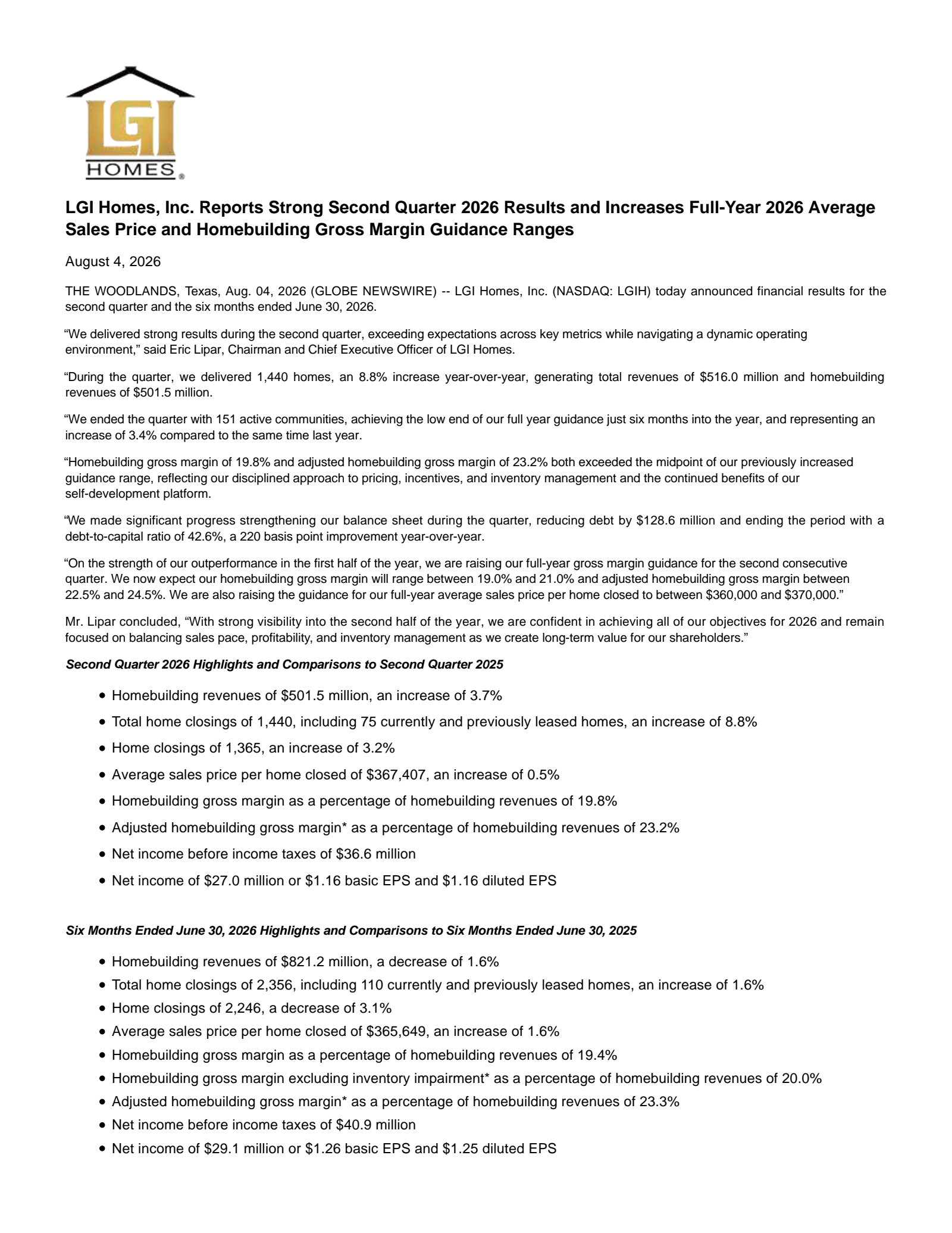 LGI Homes' Q2 2026 Press Release