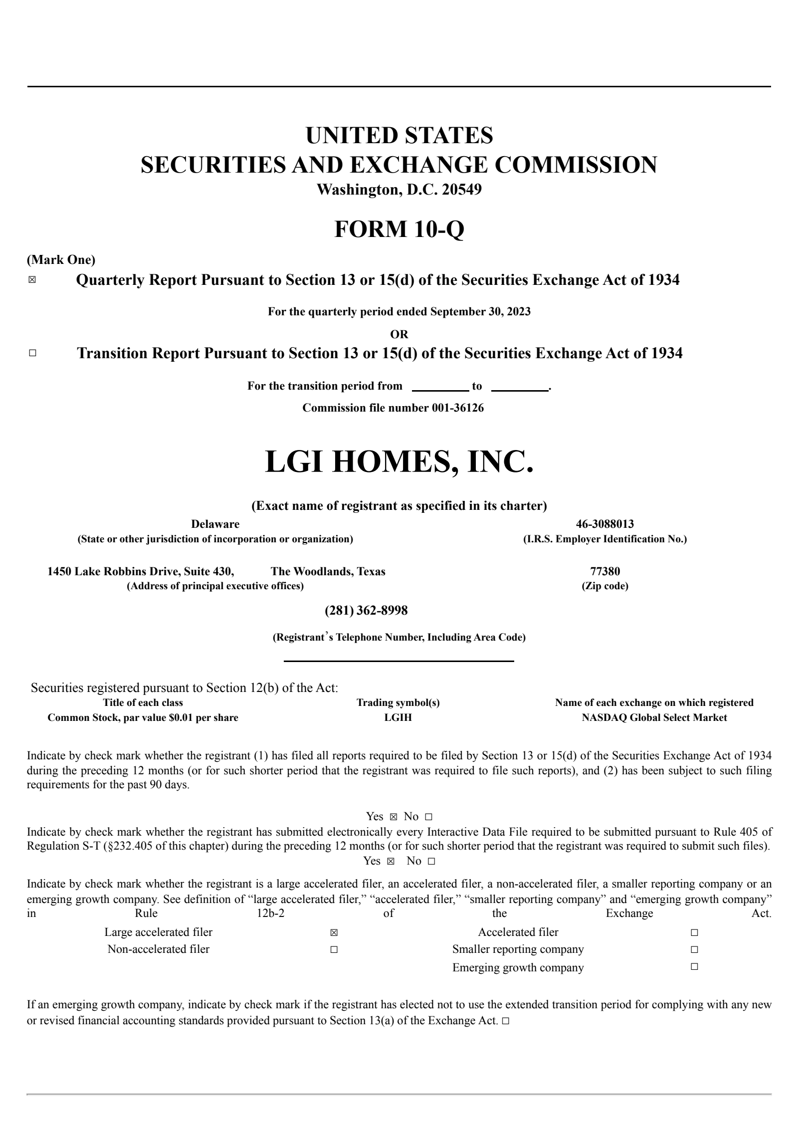 LGI Homes' Q3 2023 Quarterly report