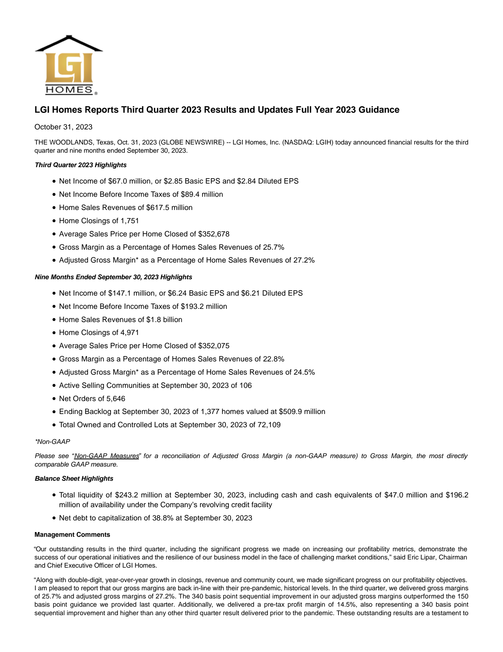 LGI Homes' Q3 2023 Press Release