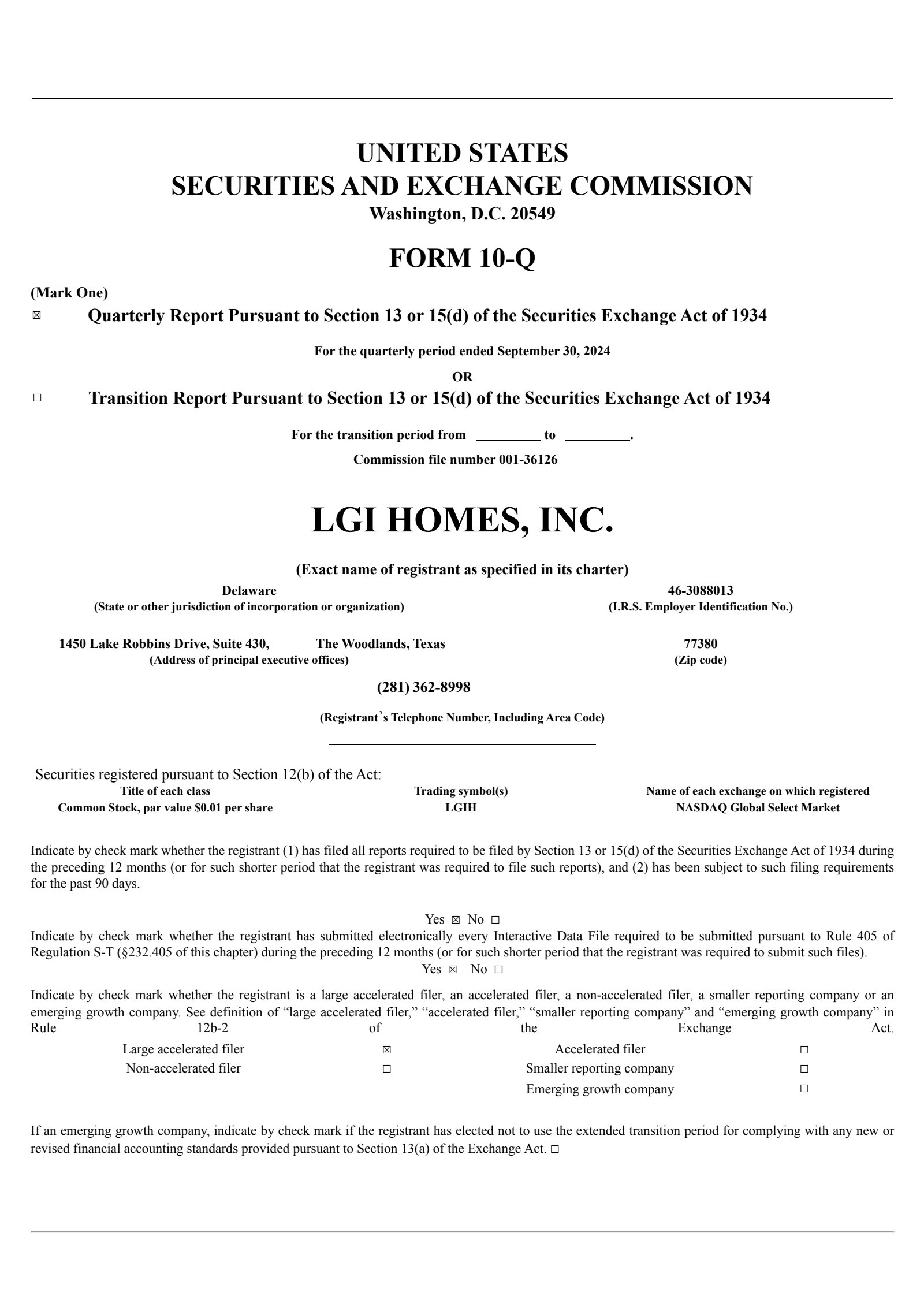 LGI Homes' Q3 2024 Quarterly report