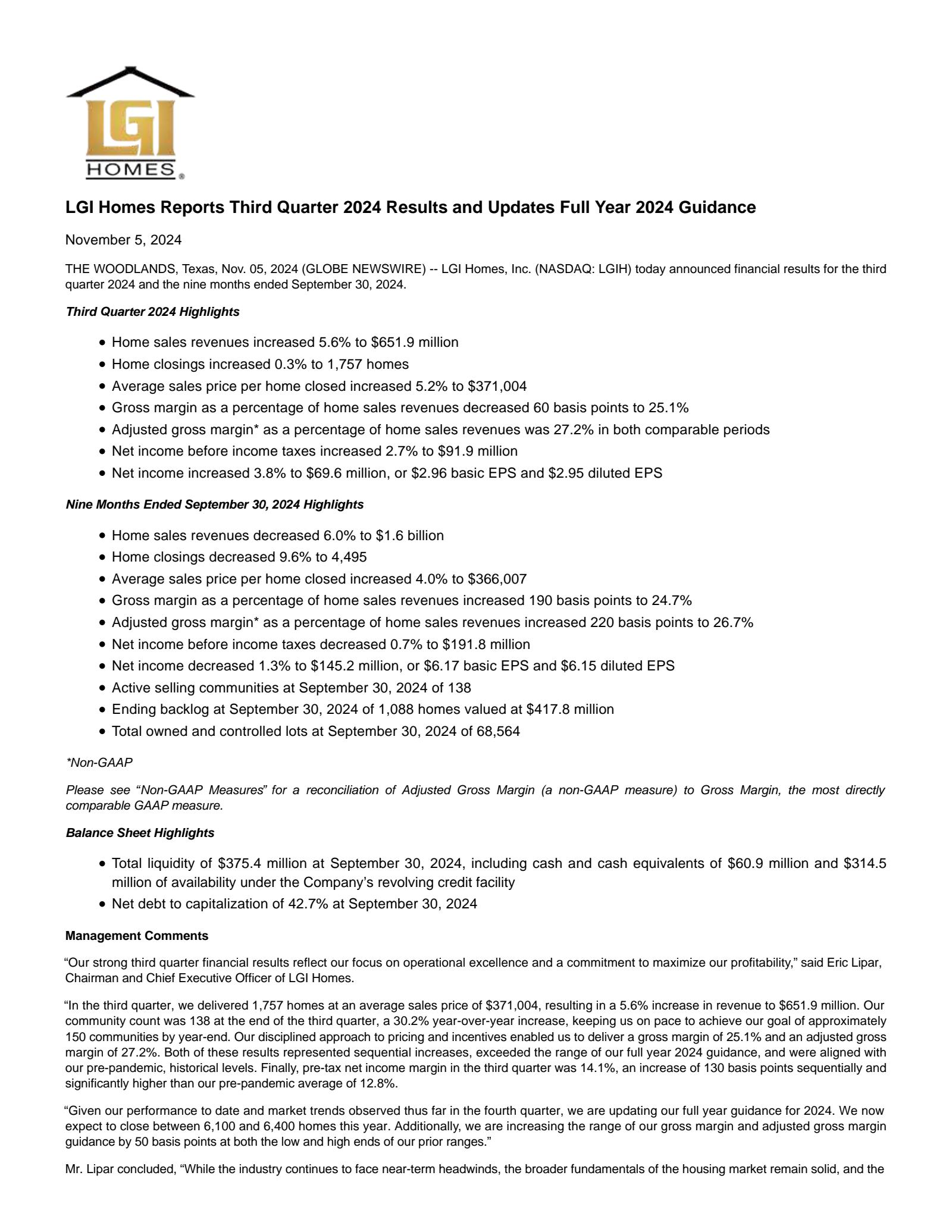 LGI Homes' Q3 2024 Earnings Release