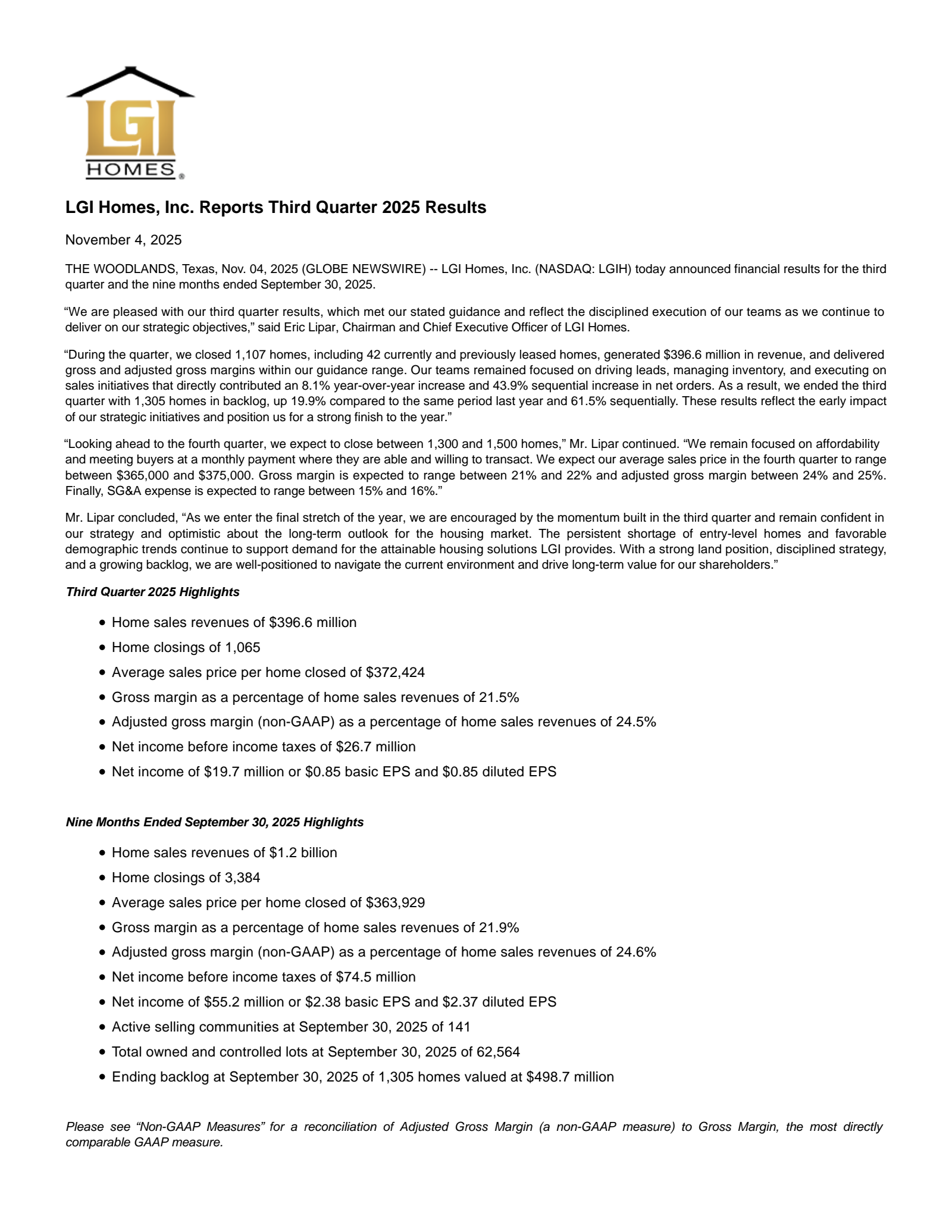 LGI Homes' Q3 2025 Earnings Release