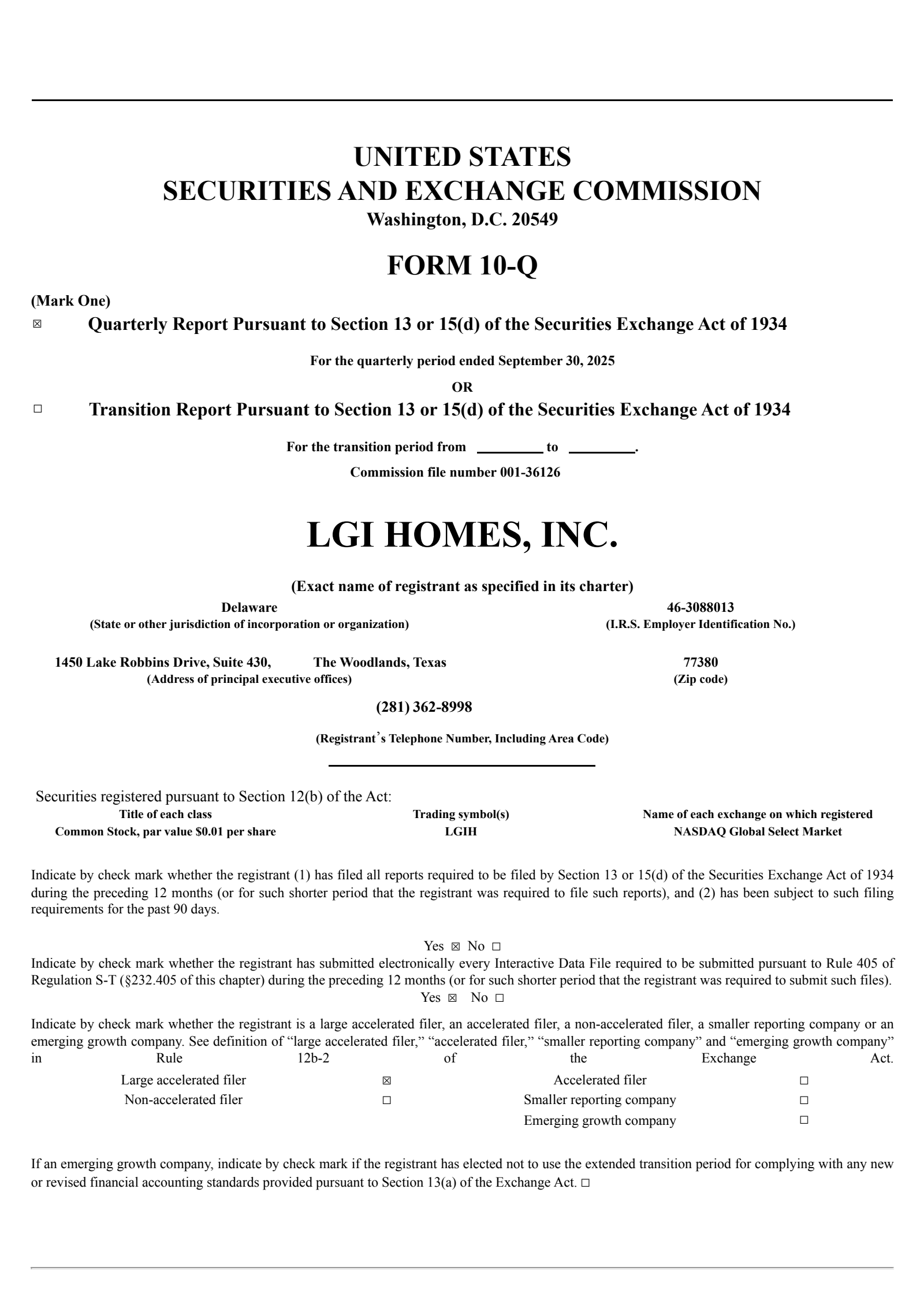 LGI Homes' Q3 2025 Quarterly Report