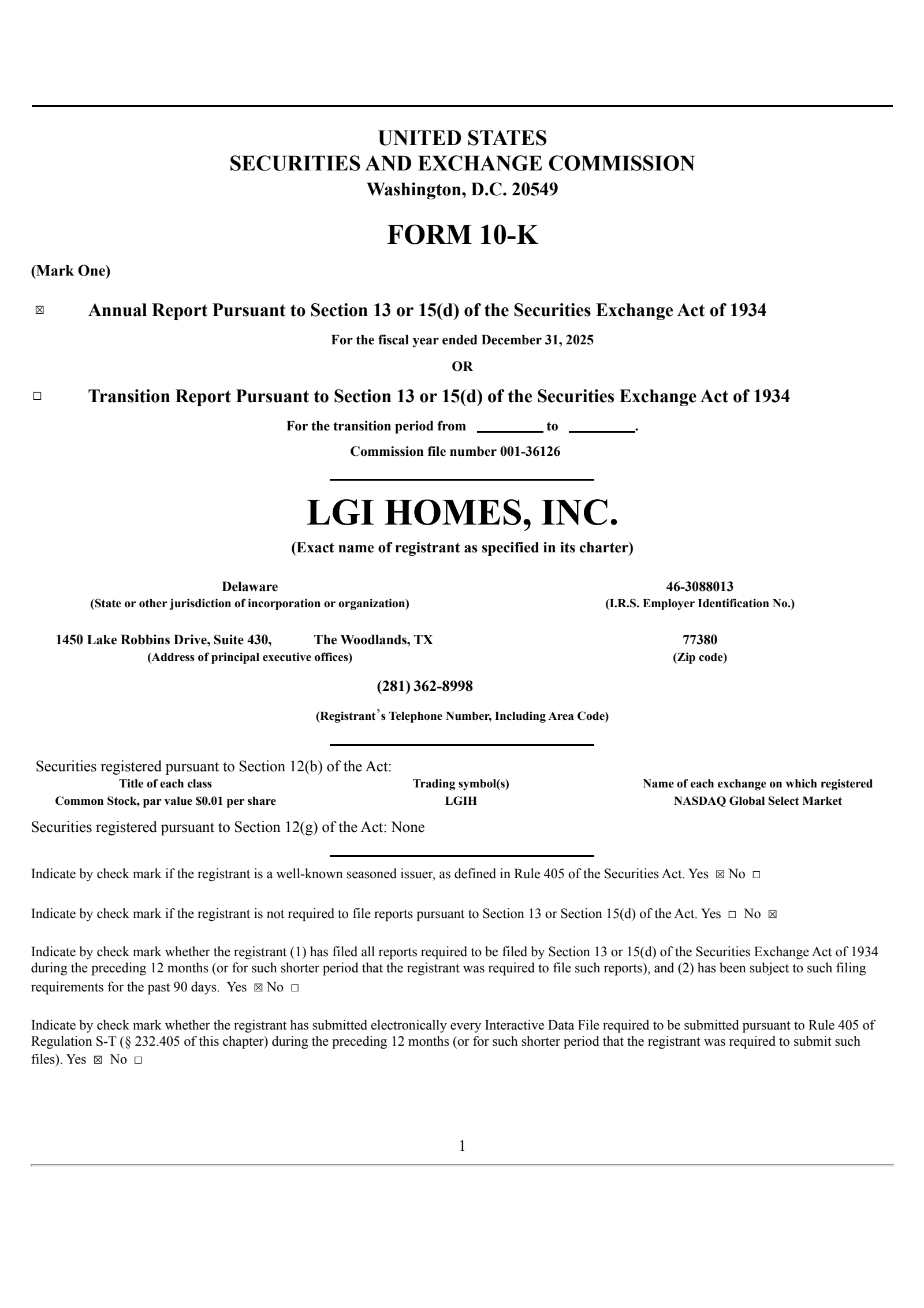 LGI Homes' Q4 2025 Annual report