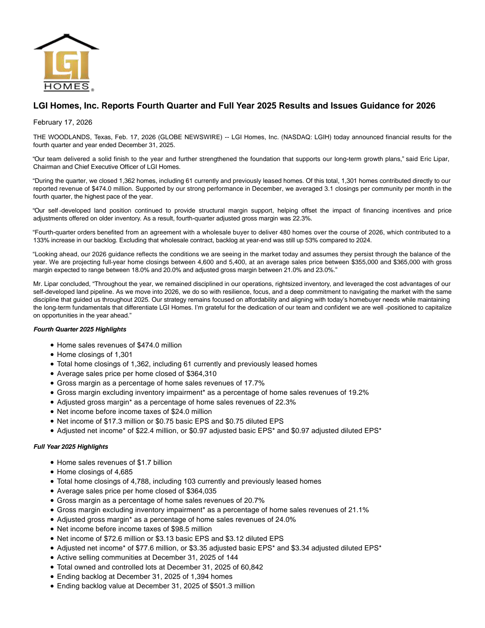 LGI Homes' Q4 2025 Press Release
