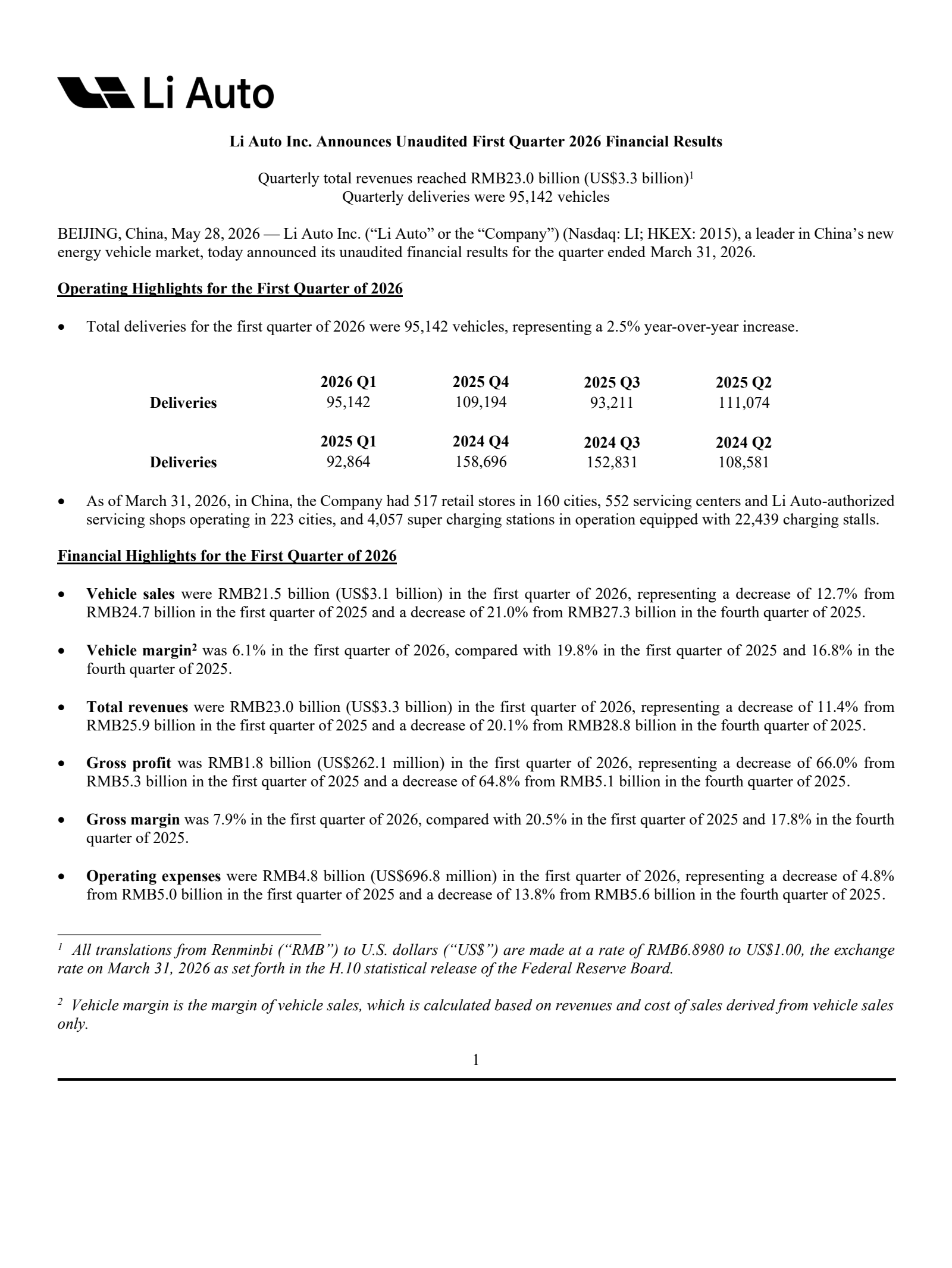 Li Auto's Q1 2026 Press Release