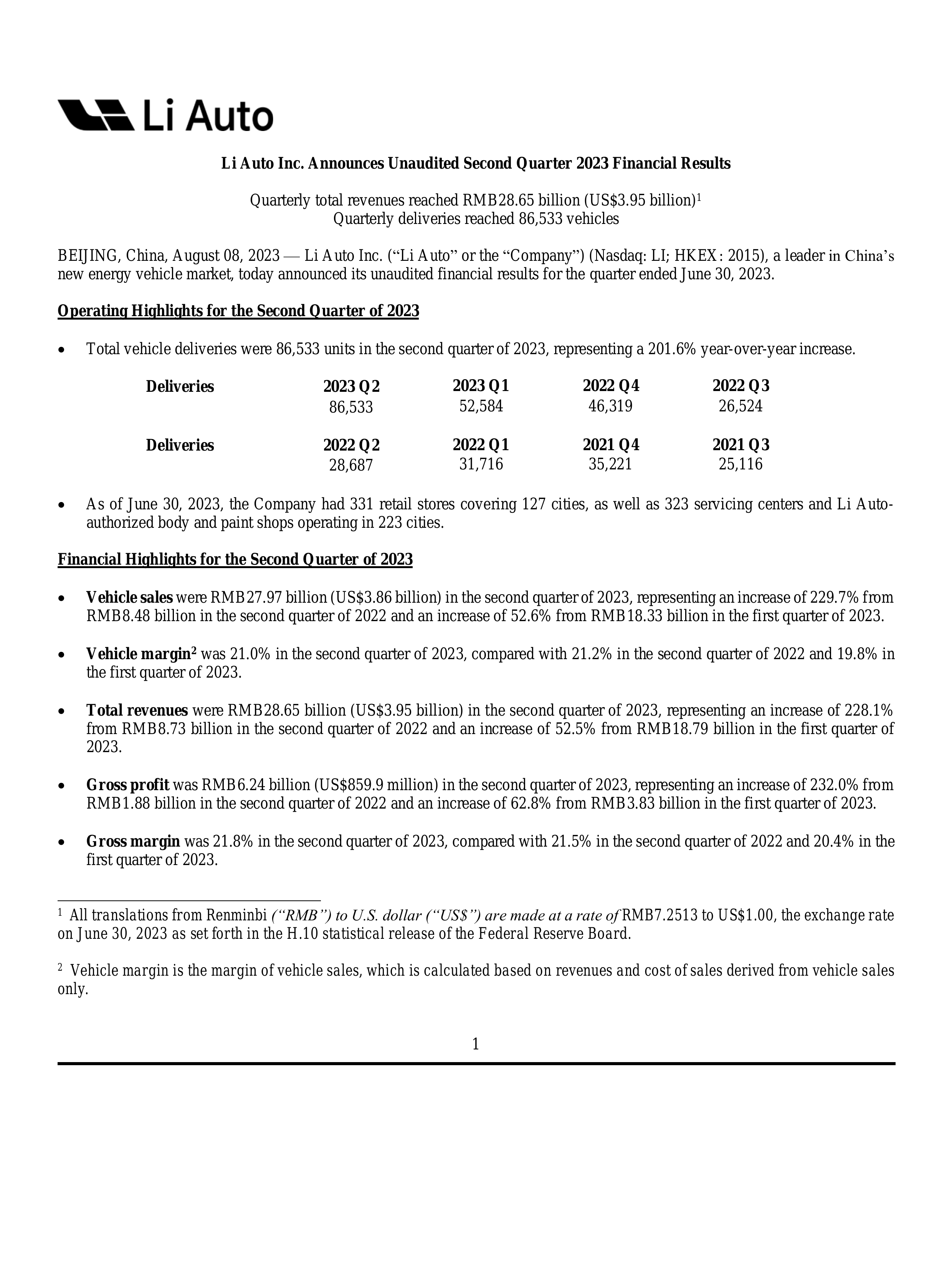 Li Auto's Q2 2023 Press Release
