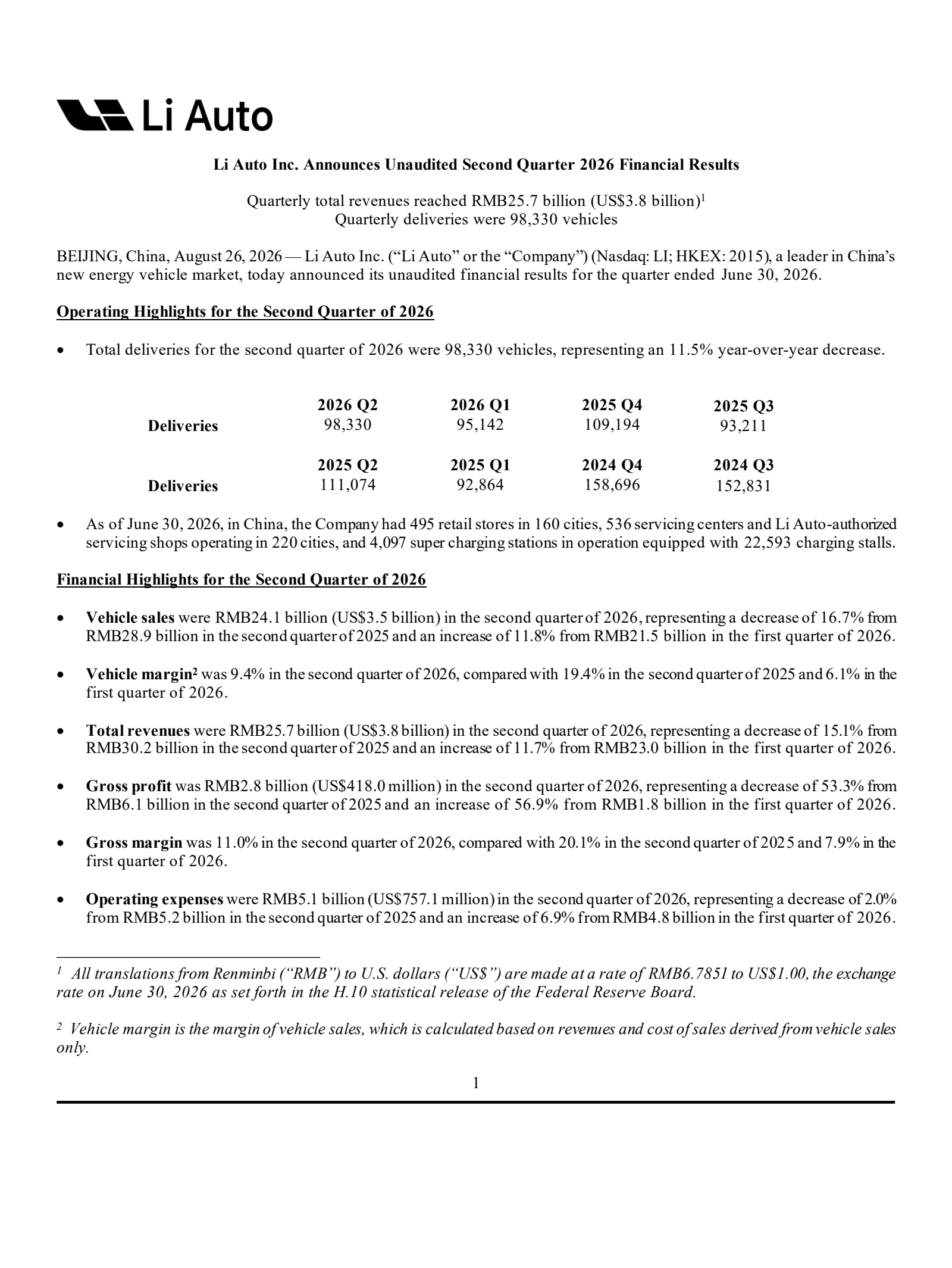 Li Auto's Q2 2026 Press Release
