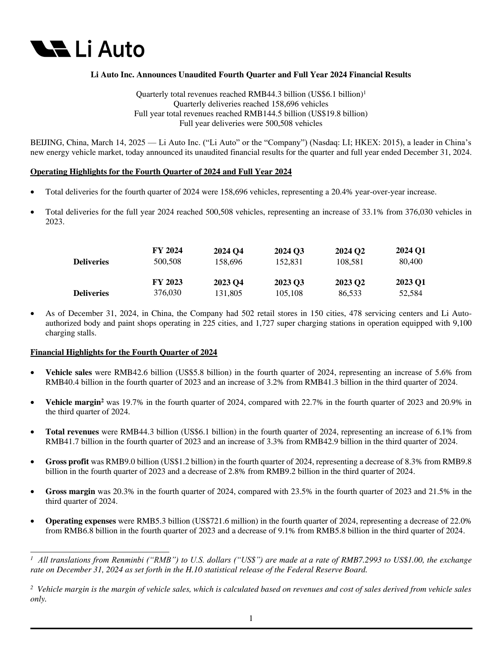 Li Auto's Q4 2024 Press Release