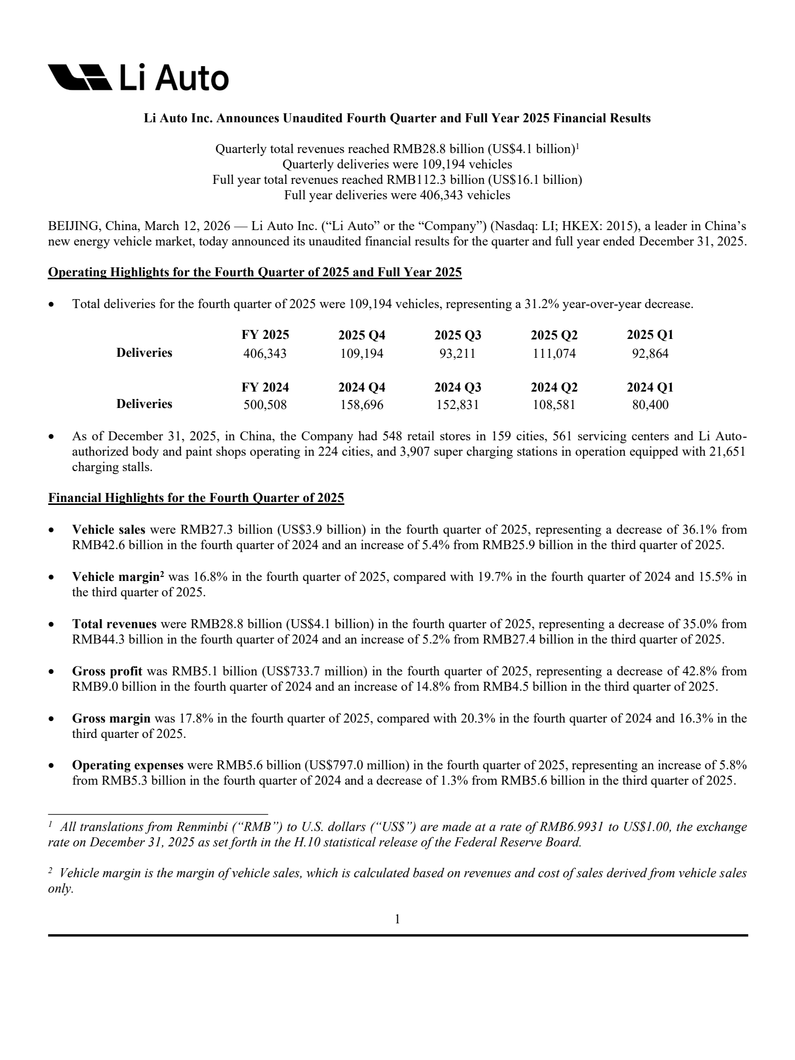 Li Auto's Q4 2025 Press Release