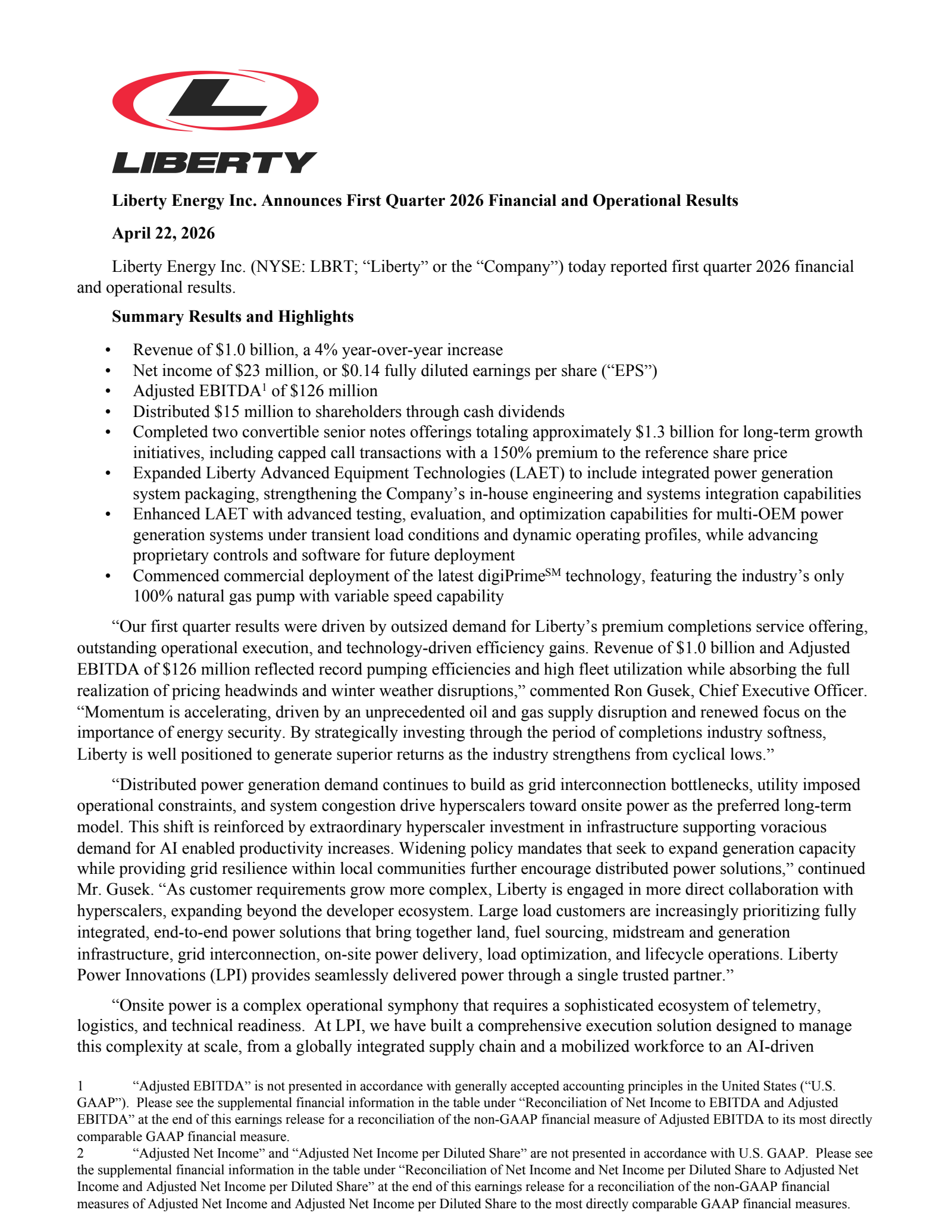 Liberty Energy's Q1 2026 Press Release