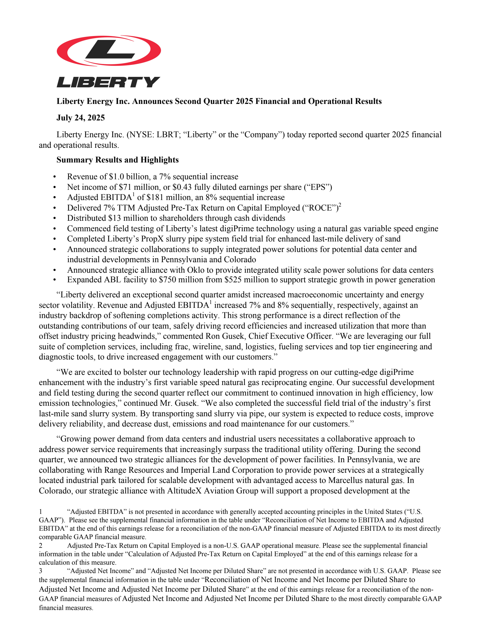 Liberty Energy's Q2 2025 Press Release