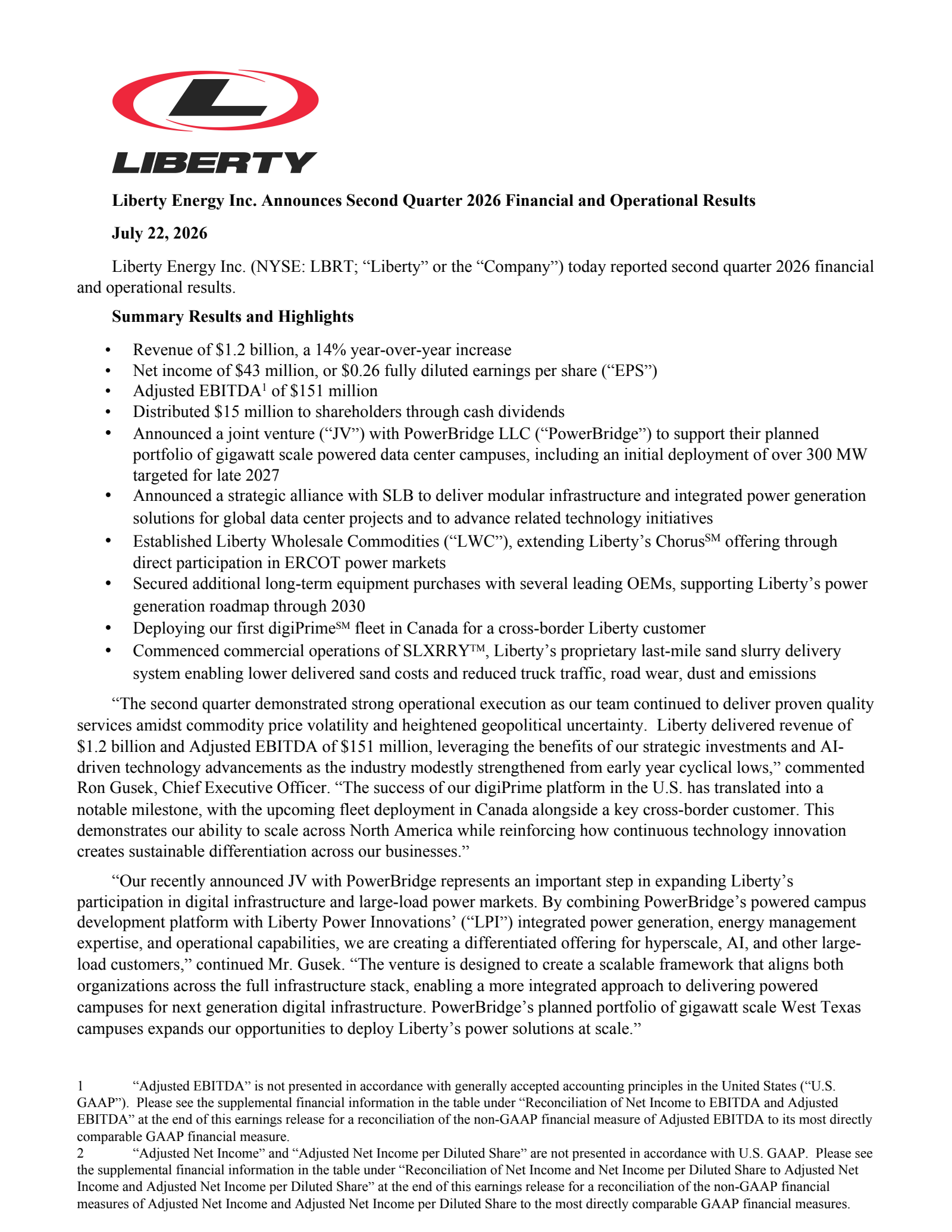 Liberty Energy's Q2 2026 Press Release