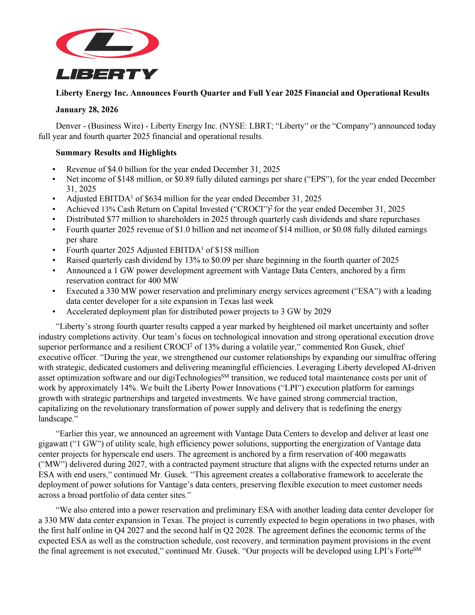 Liberty Energy's Q4 2025 Press Release