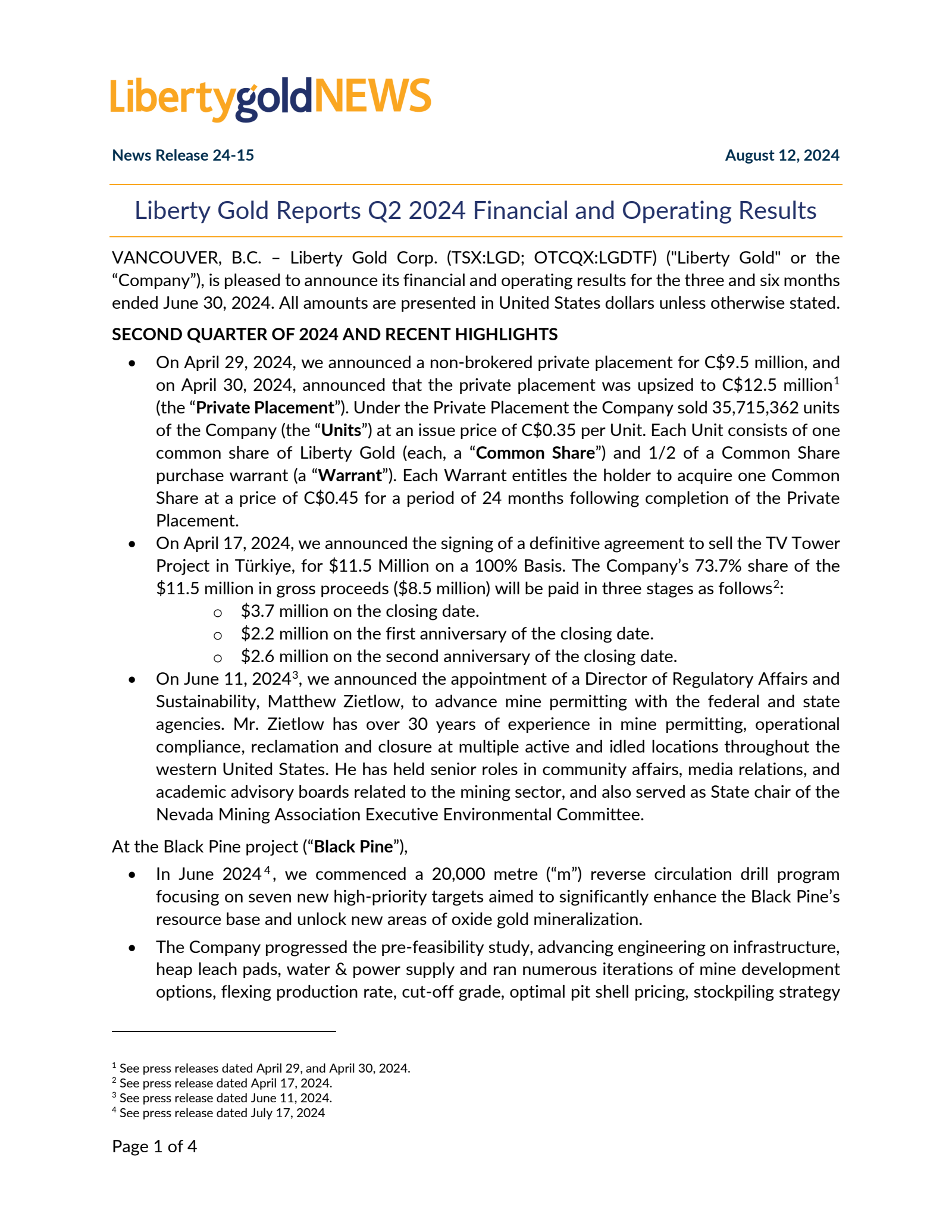 Liberty Gold's Q2 2024 Earnings Release