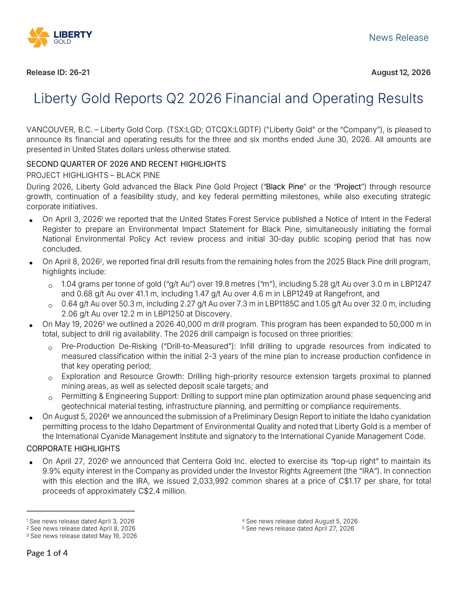 Liberty Gold's Q2 2026 Press Release
