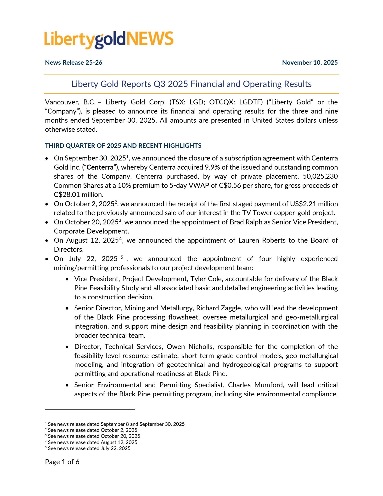 Liberty Gold's Q3 2025 Earnings Release