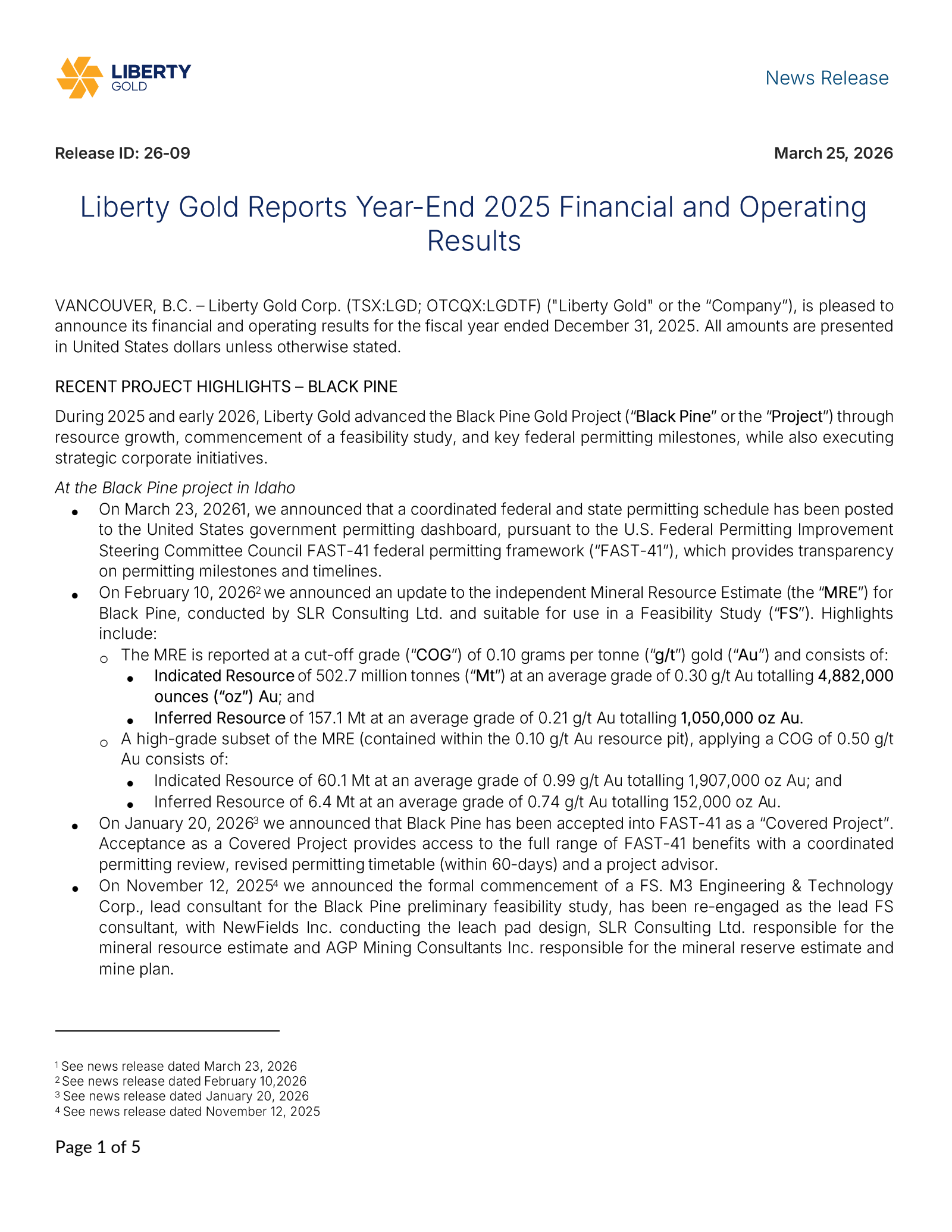 Liberty Gold's Q4 2025 Press Release