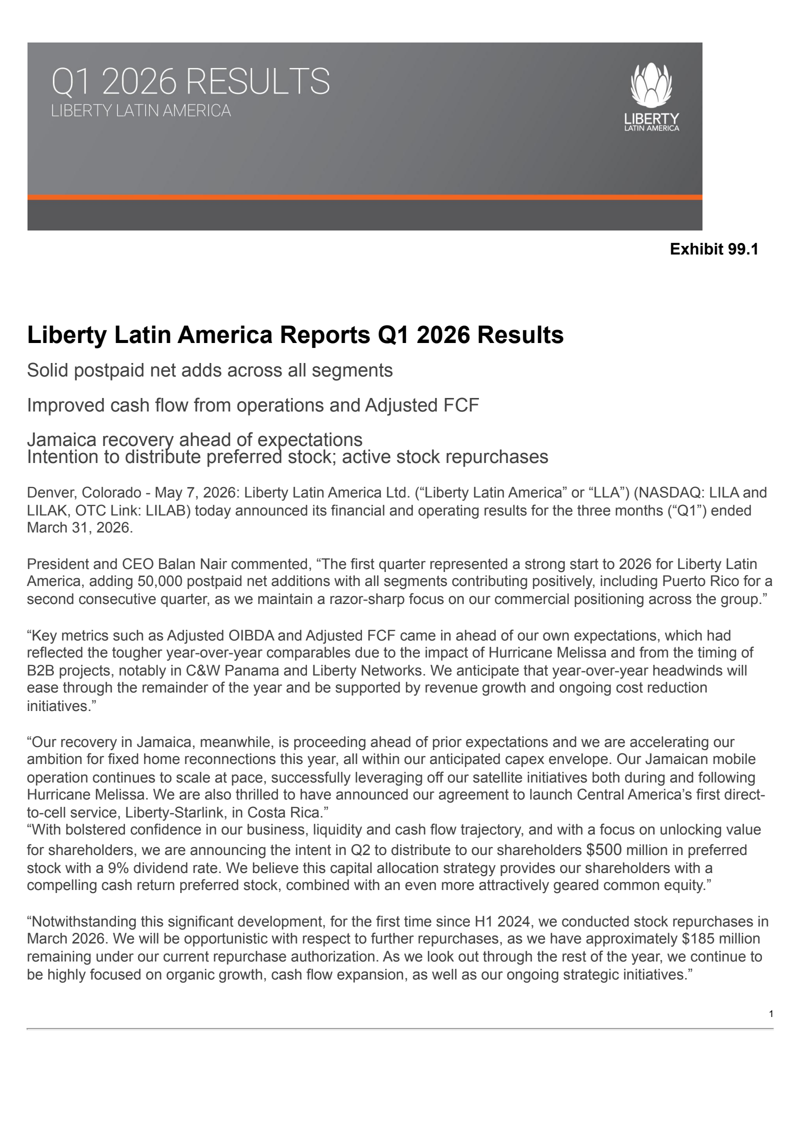 Liberty Latin America's Q1 2026 Press Release