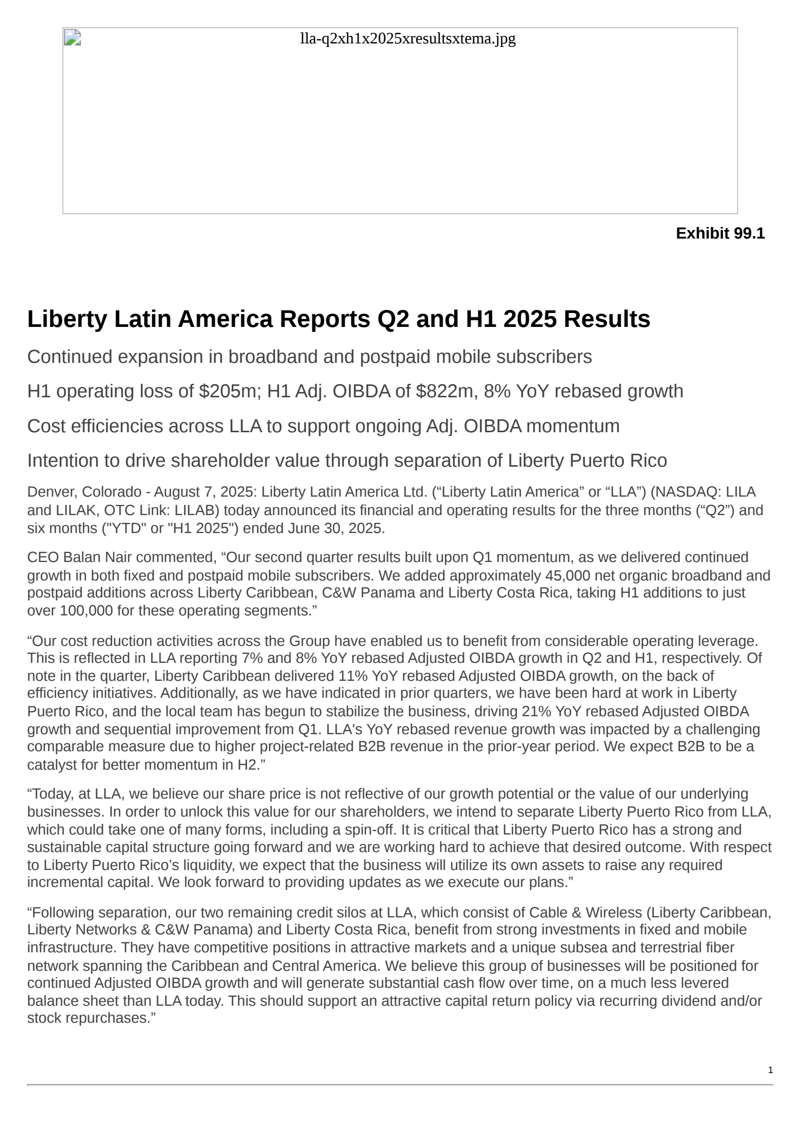 Liberty Latin America's Q2 2025 Press Release